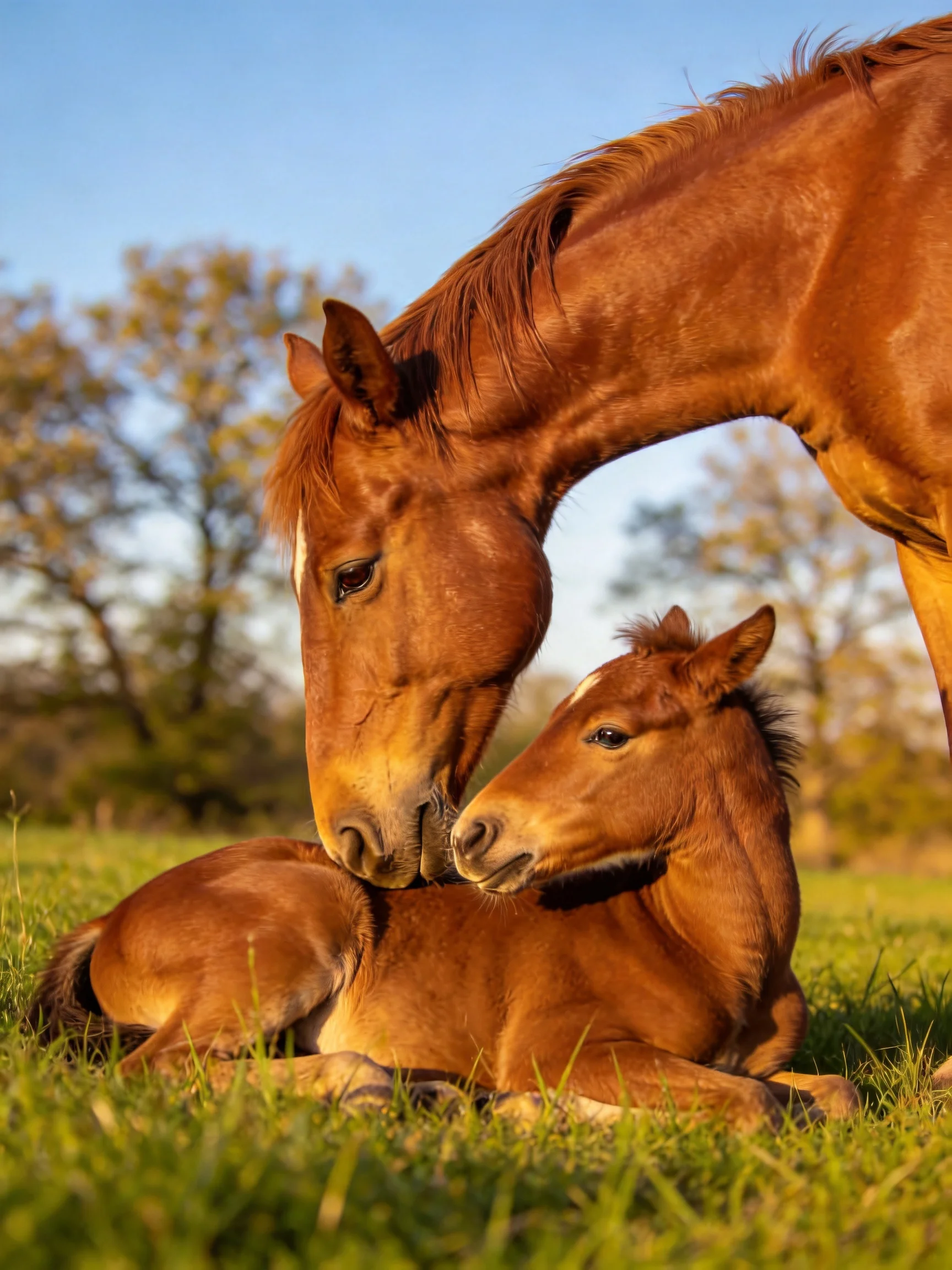 A mother brown horse nuzzles her foal in a sunlit meadow