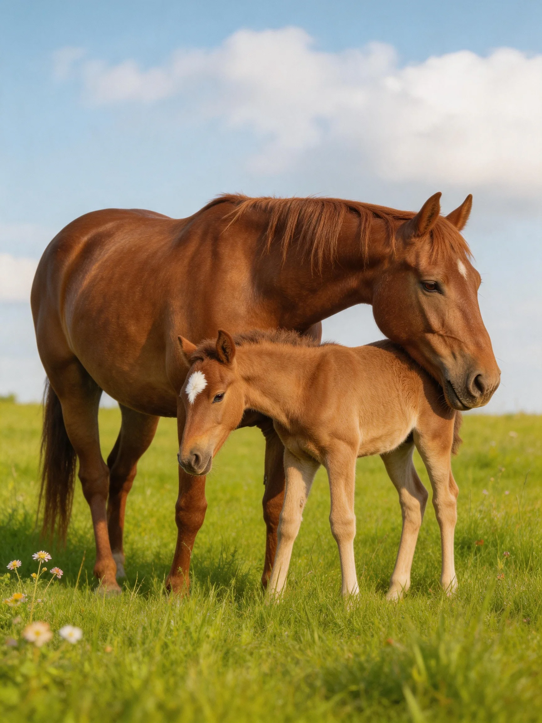 A mother chestnut horse and foal stand in a lush green meadow
