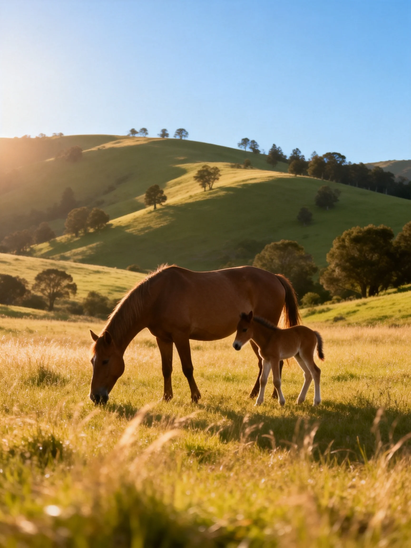 A mother horse and foal graze in a golden meadow with rolling green hills