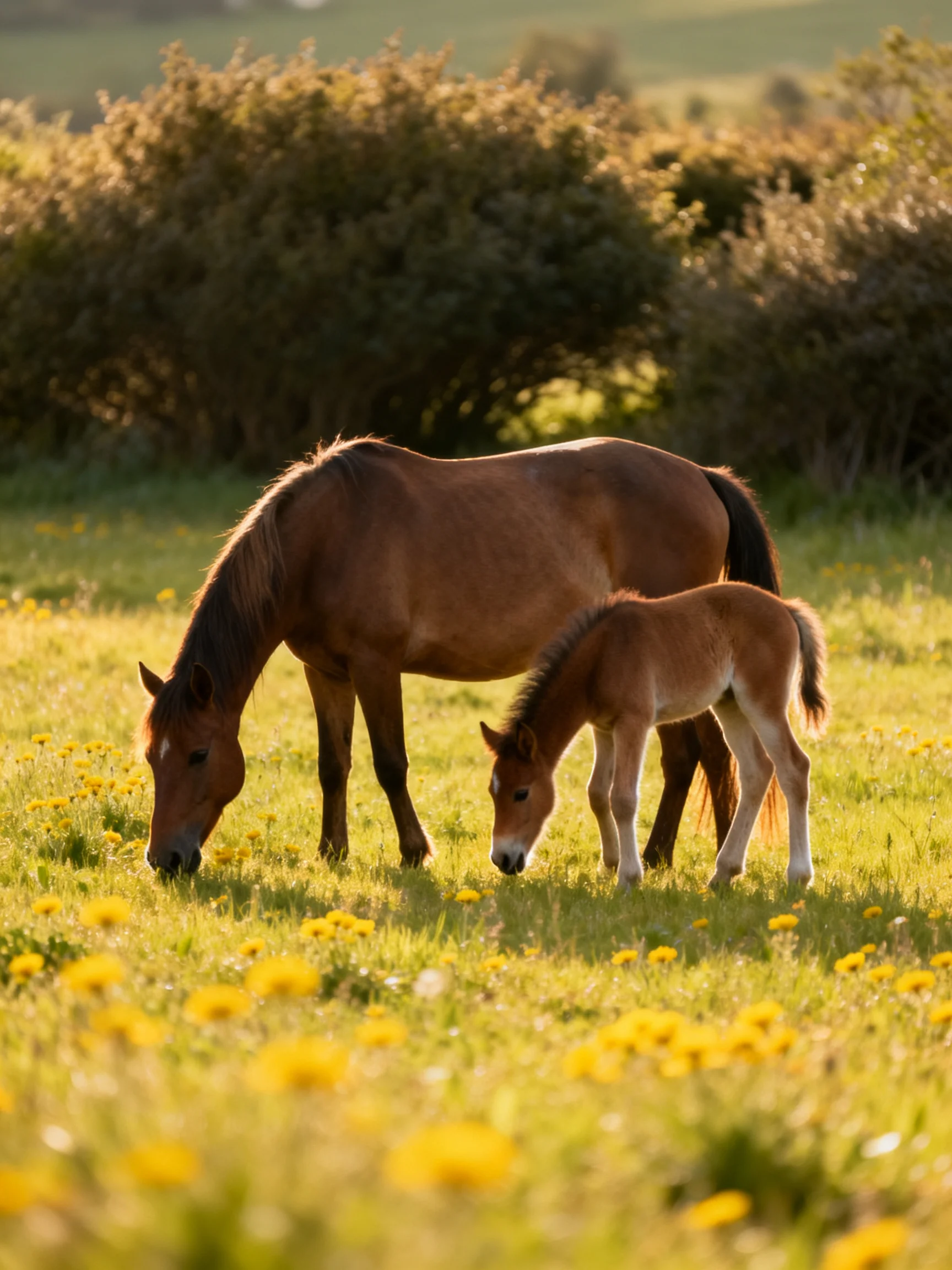 A mother horse and foal graze in a sunlit field of yellow flowers