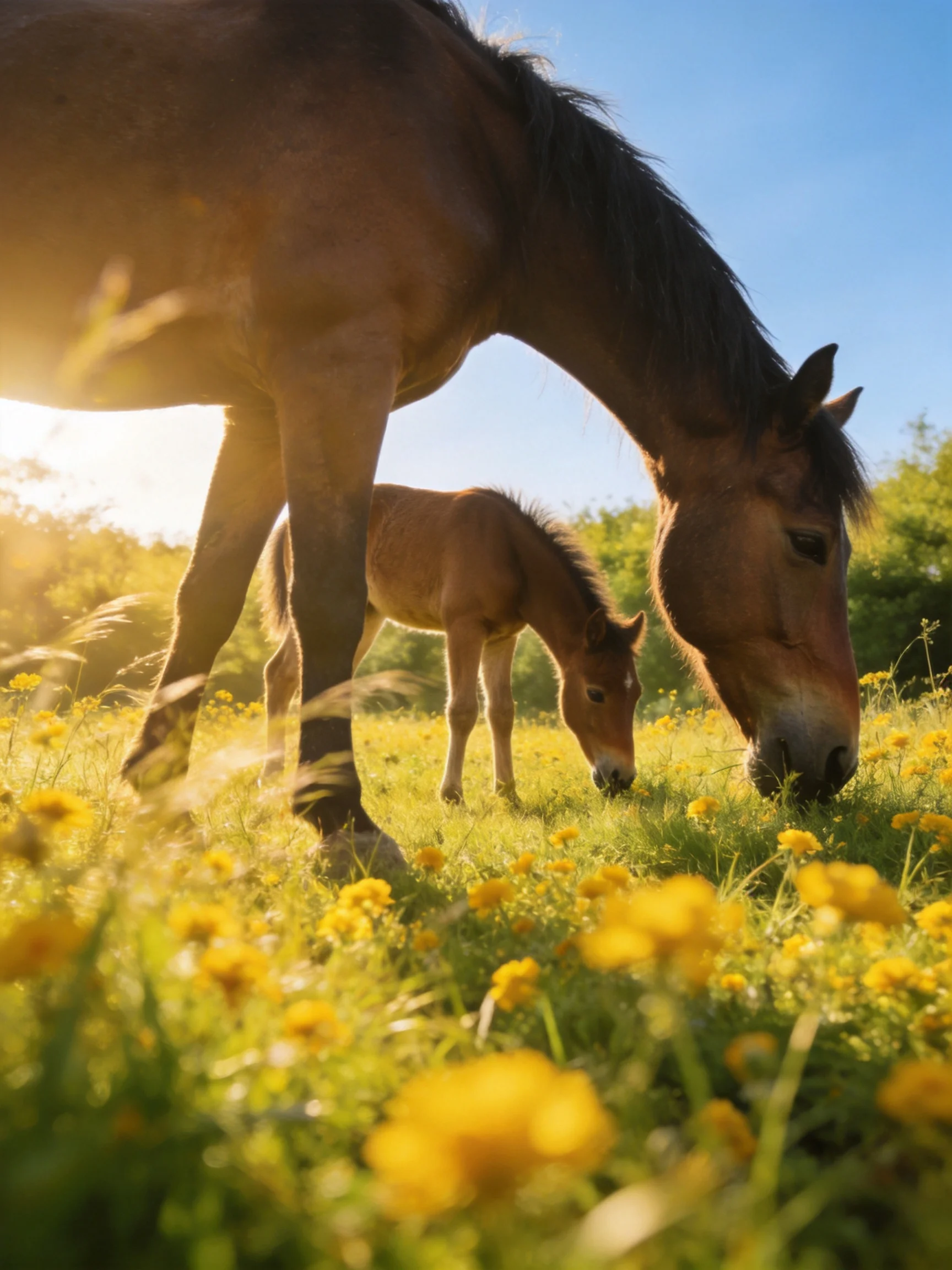A mother horse and foal graze in a sunlit meadow of yellow wildflowers