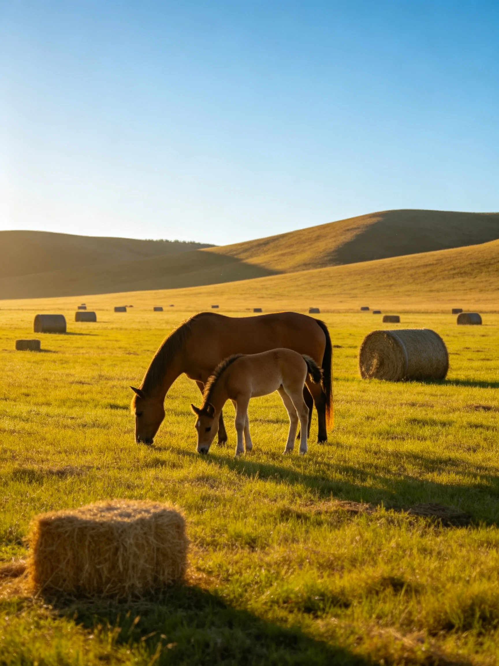 A mother horse and foal graze near golden hay bales on rolling hills
