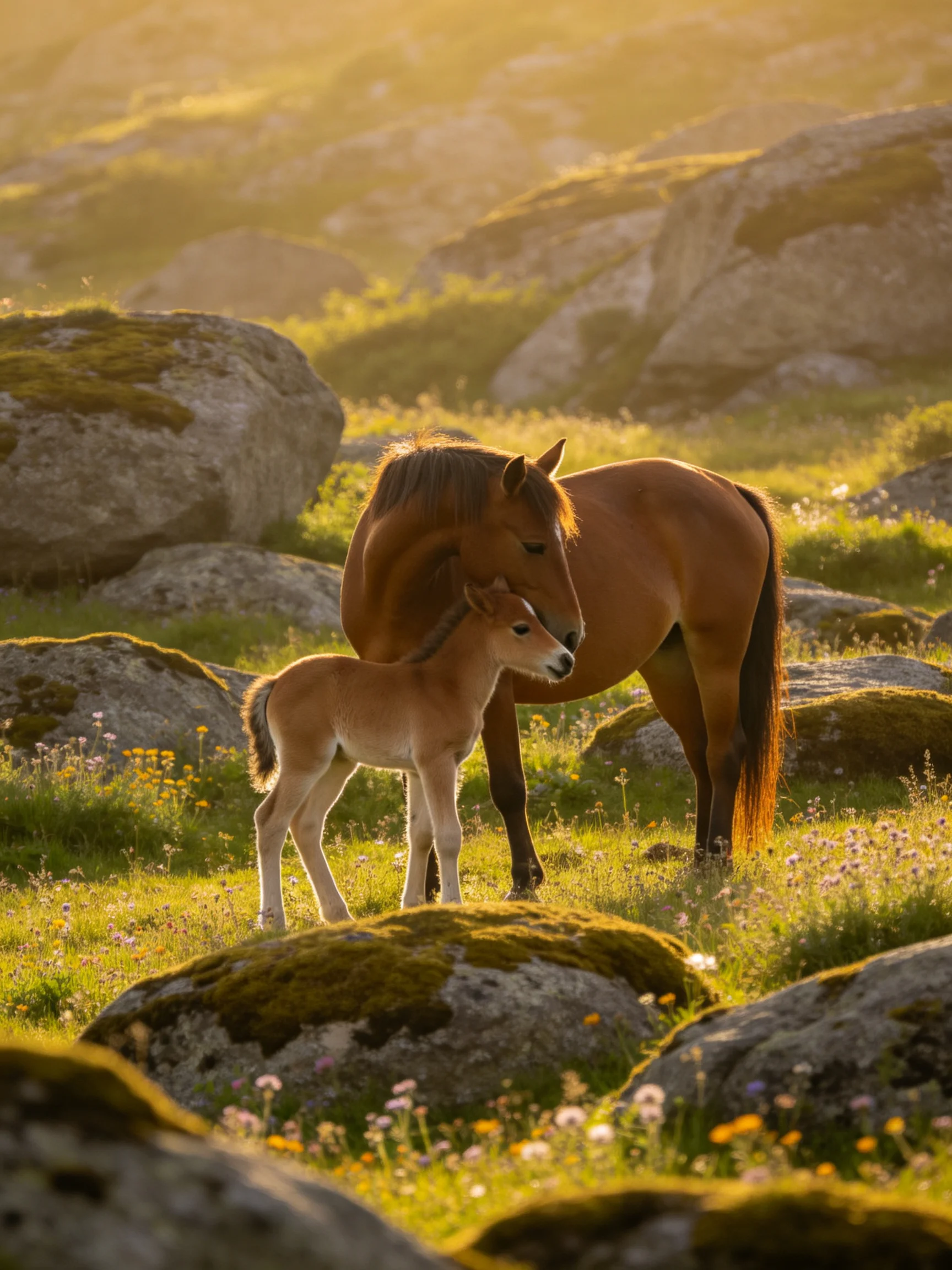 A mother horse and foal stand among mossy rocks in a golden meadow