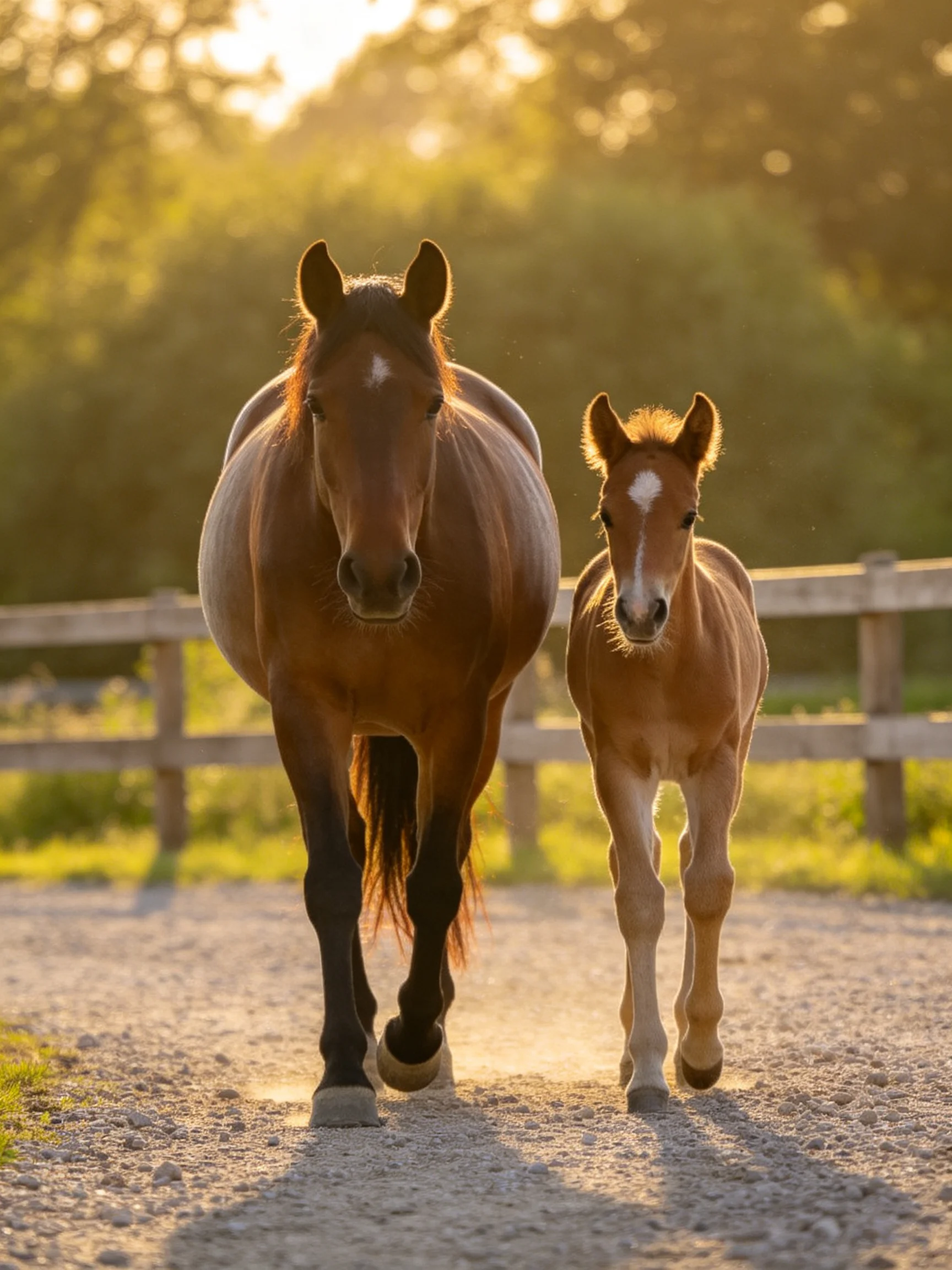 A mother horse and foal walk along a gravel path in golden sunlight