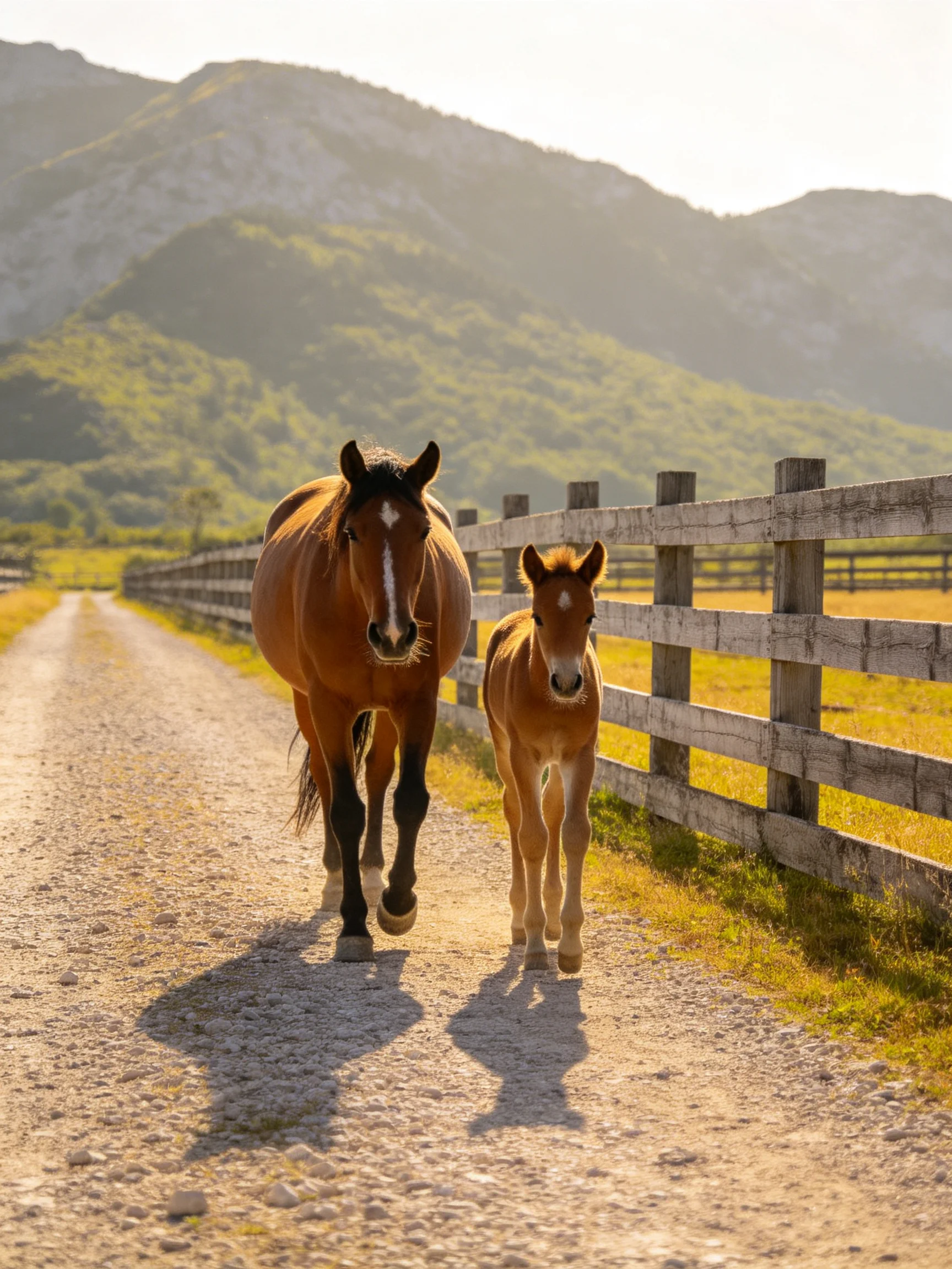 A mother horse and foal walk along a gravel path near a wooden fence