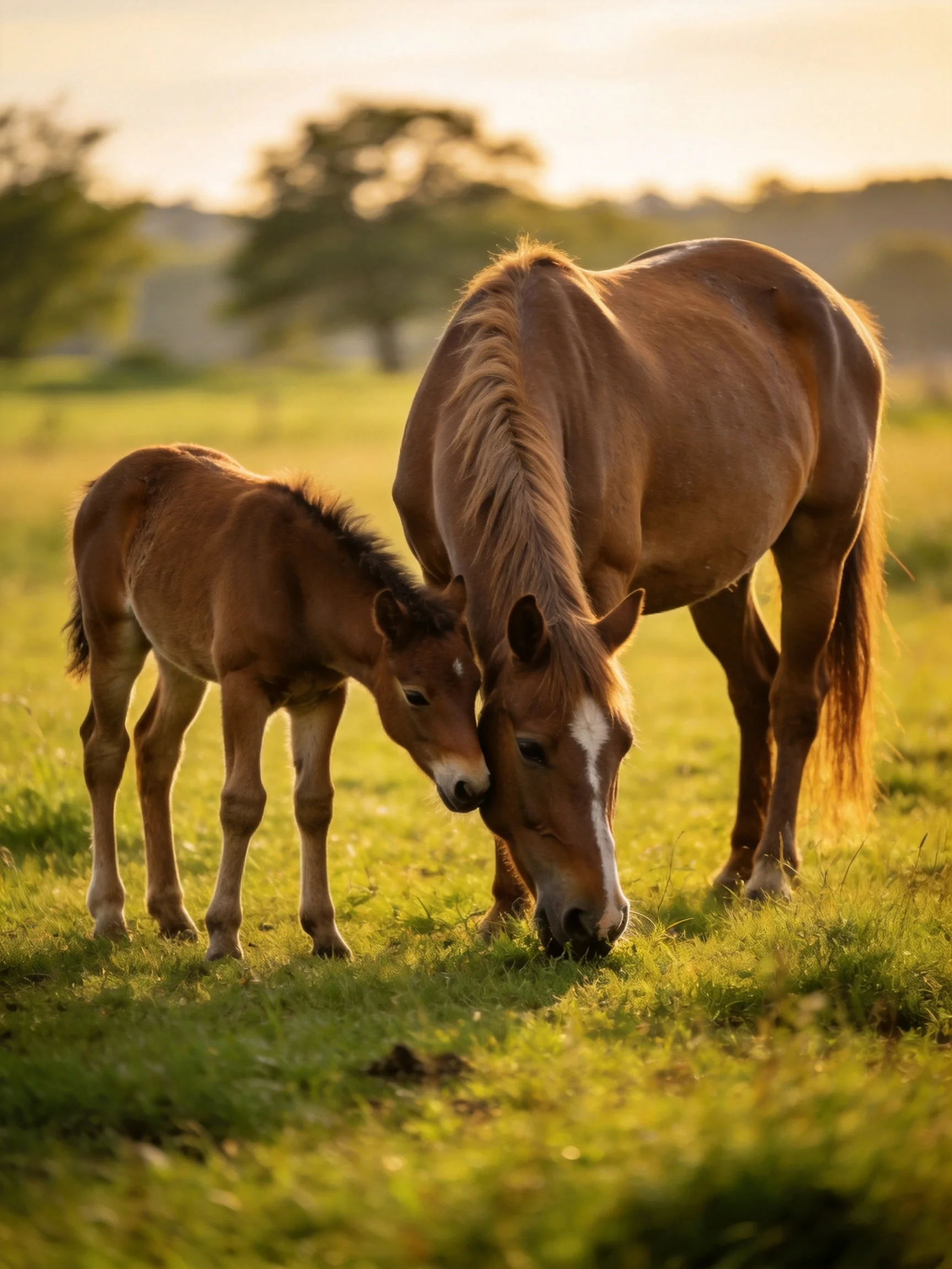 A mother horse and her brown foal graze in a sunlit meadow