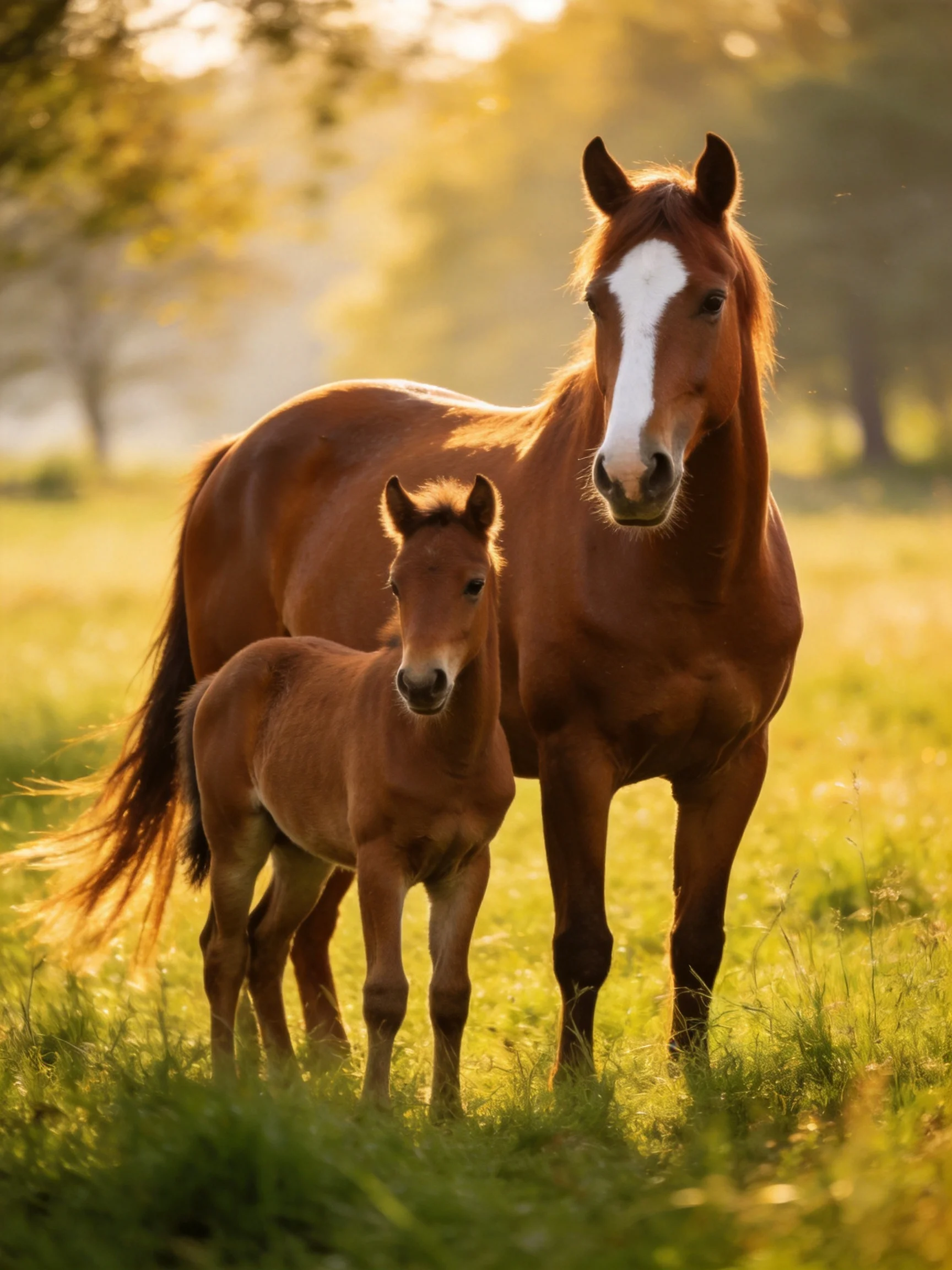 A mother horse and her brown foal stand in a golden meadow