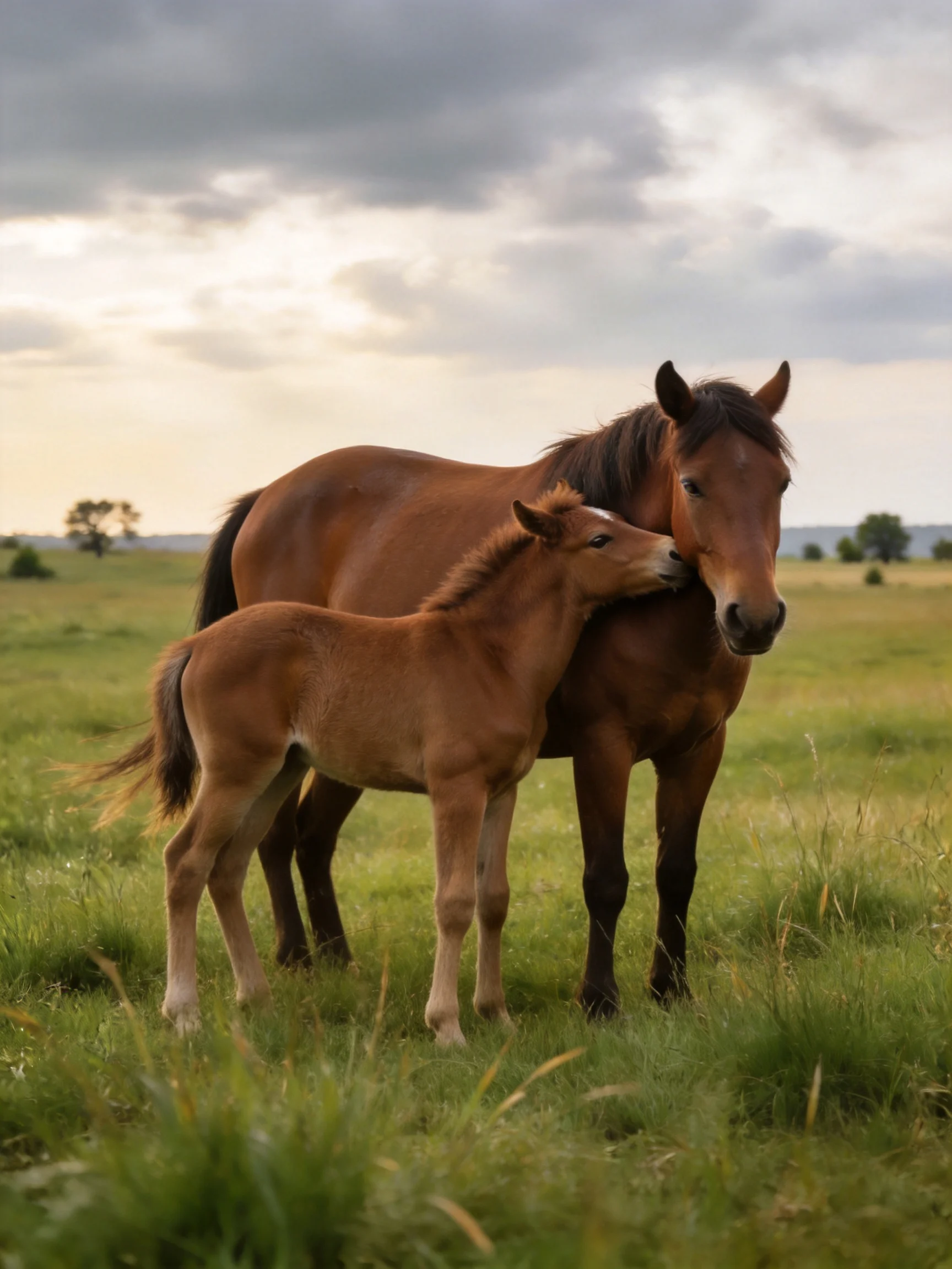 A mother horse and her brown foal stand in a green meadow under cloudy skies
