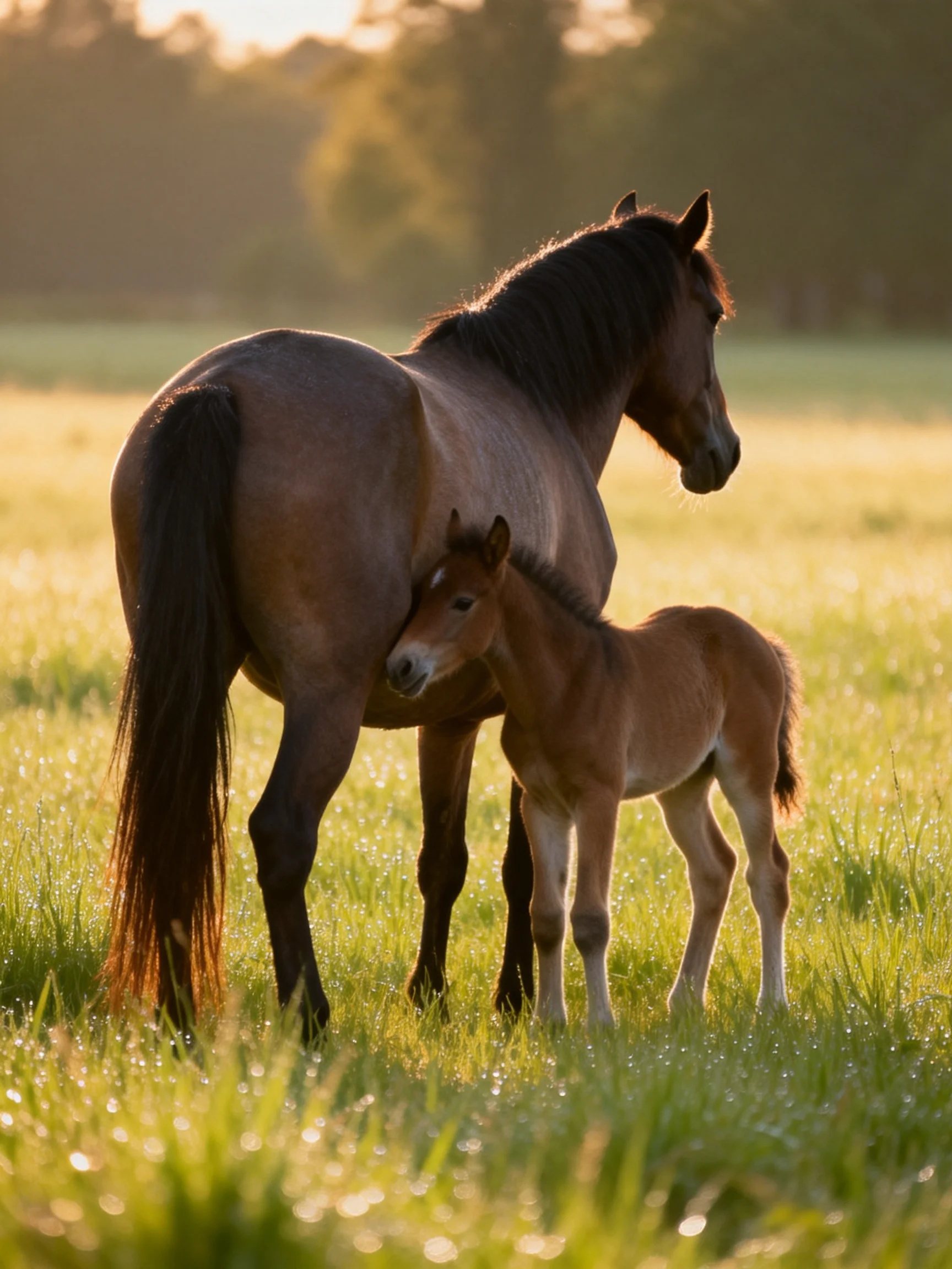 A mother horse and her brown foal stand in a sunlit green meadow