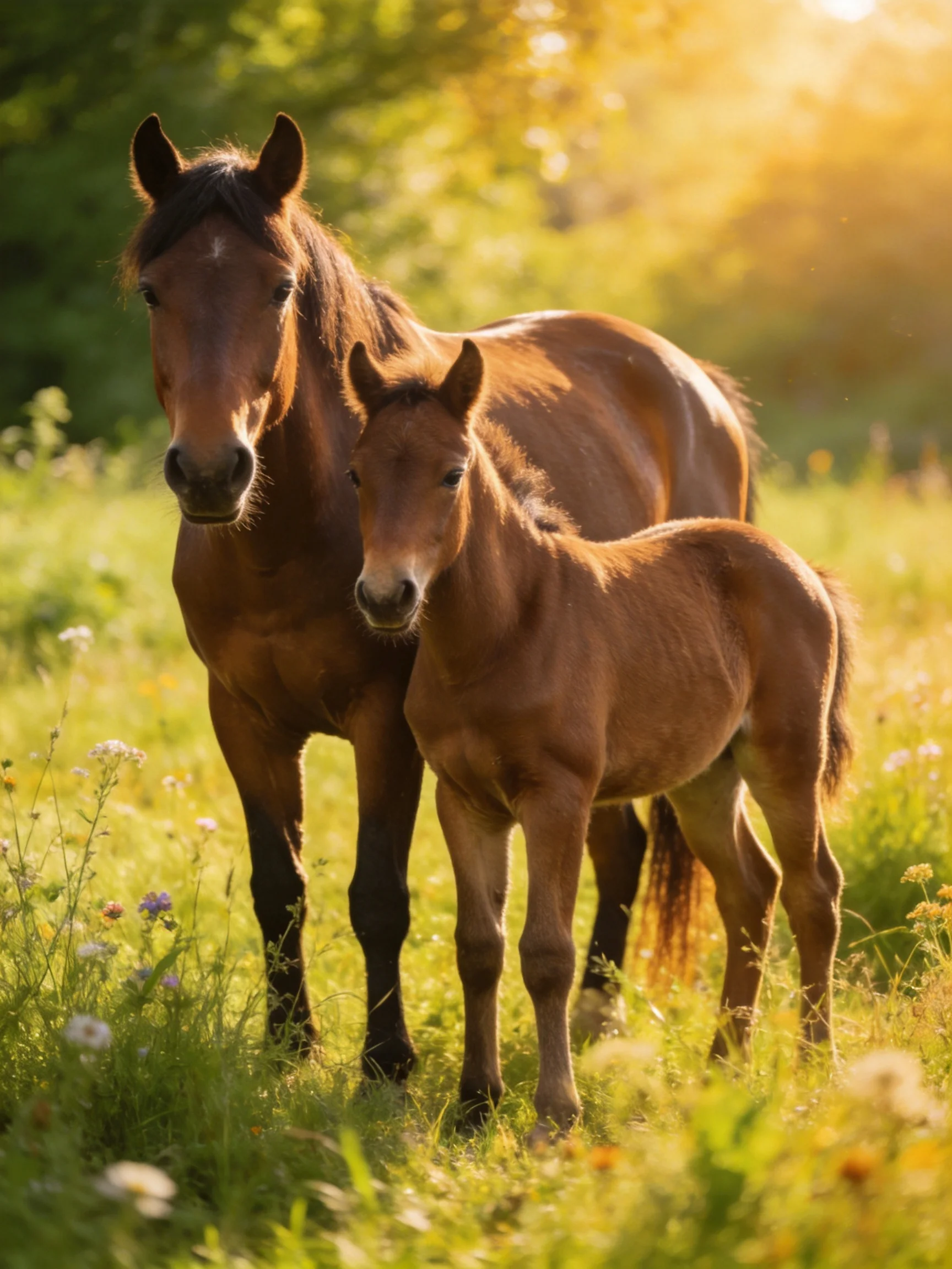 A mother horse and her brown foal stand in a sunlit meadow