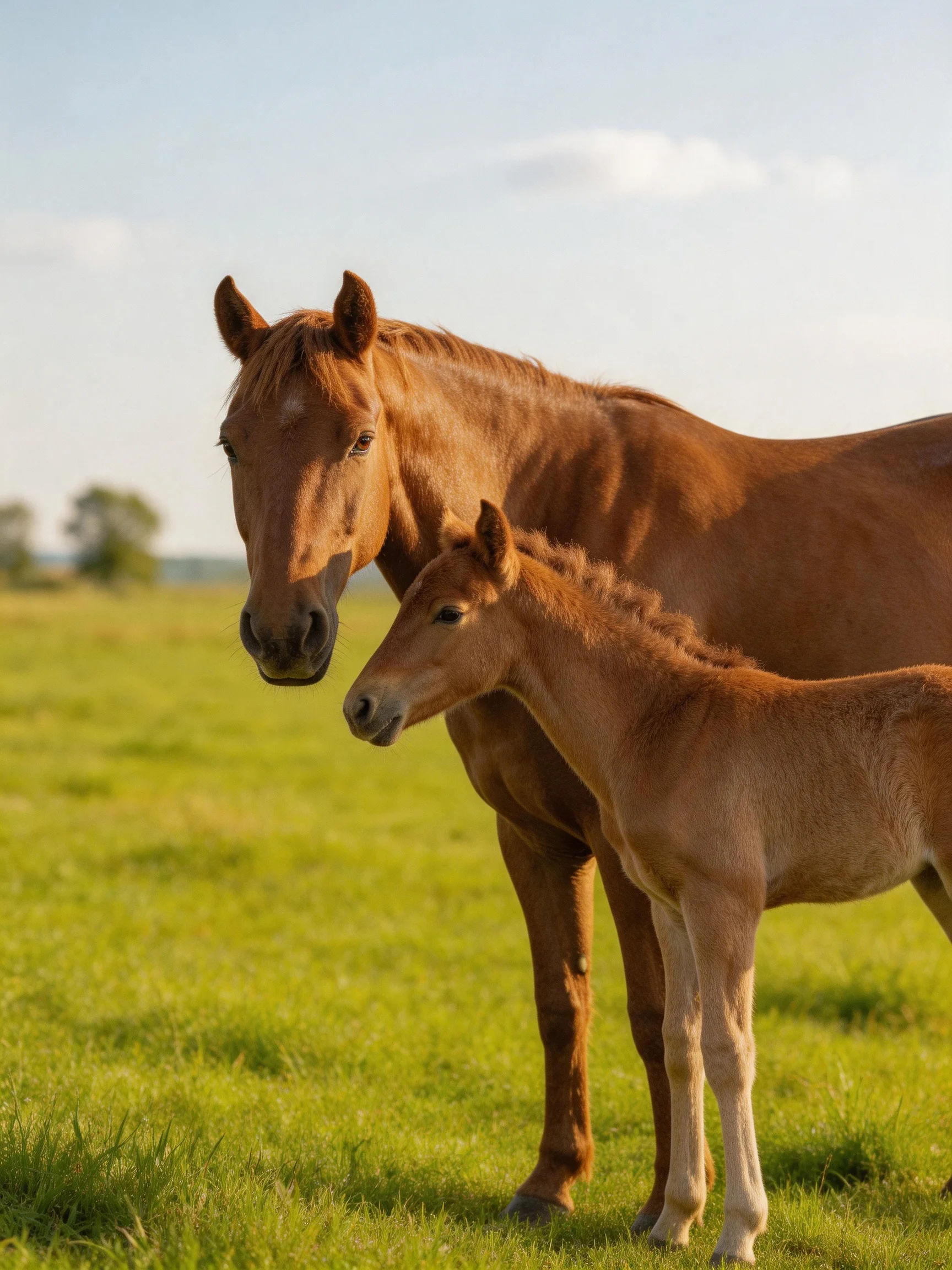 A mother horse and her foal stand in a lush green meadow