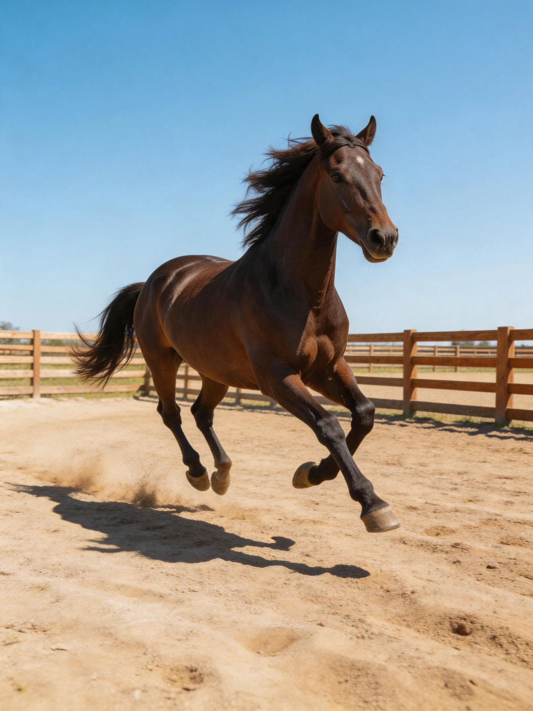 A muscular brown horse galloping in a sunny outdoor arena