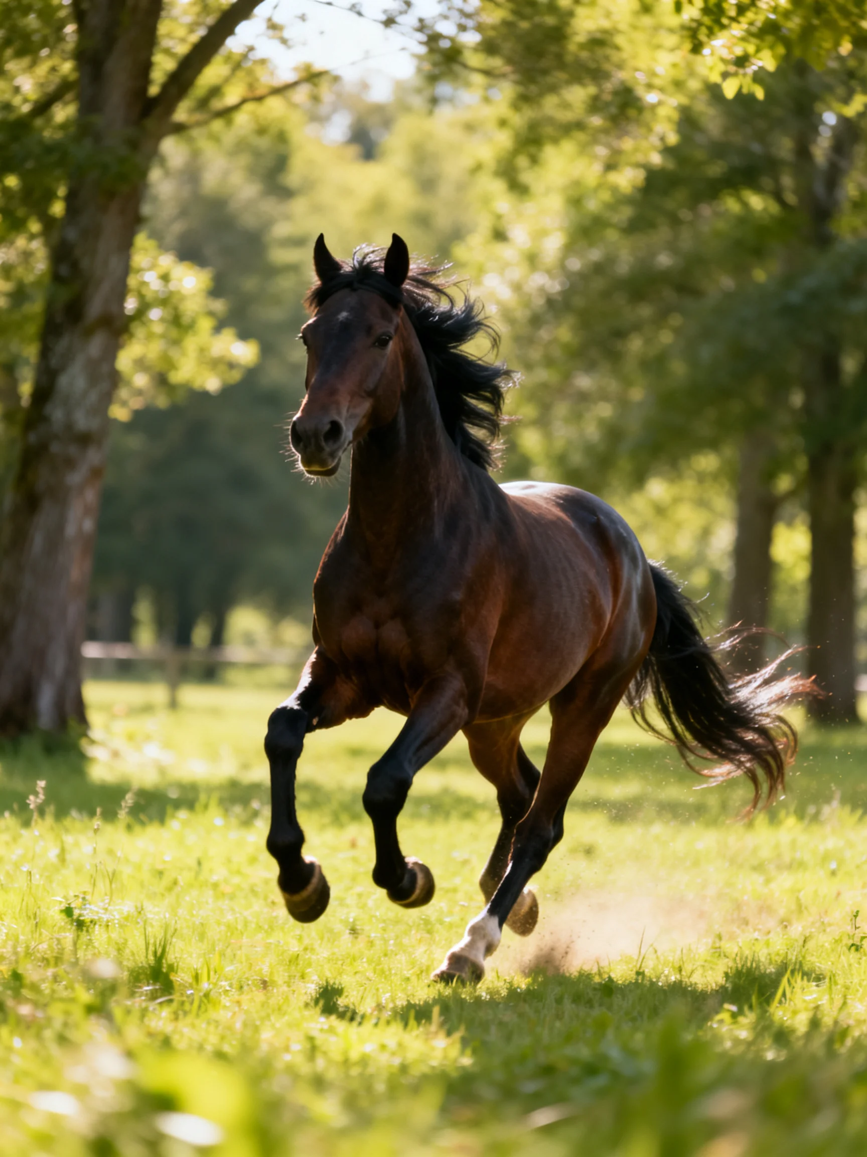 A muscular brown horse galloping through a sunlit forest clearing