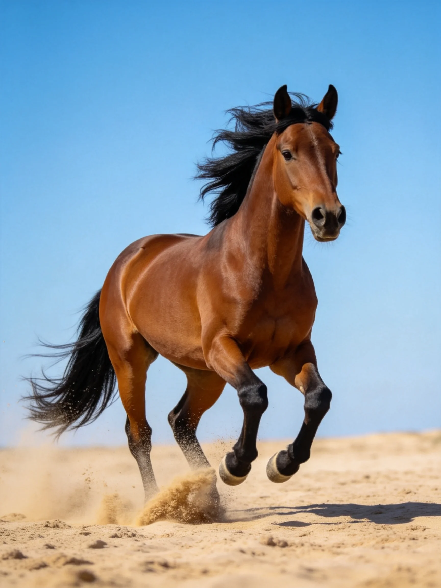 A muscular chestnut horse galloping across golden sand under clear blue sky