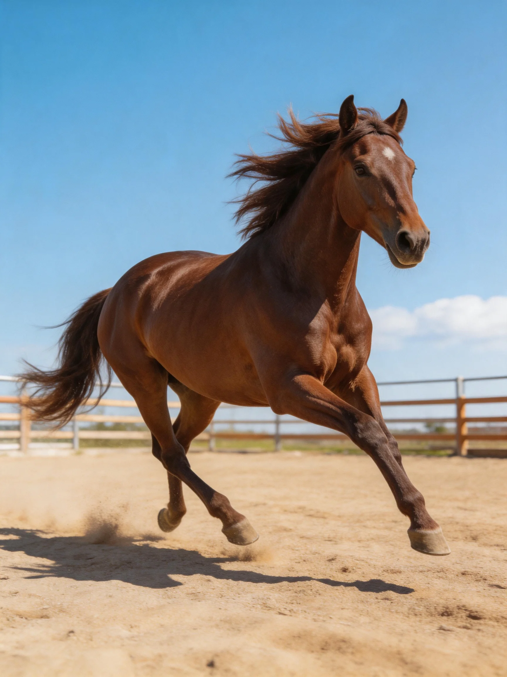 A muscular chestnut horse galloping in a sandy arena