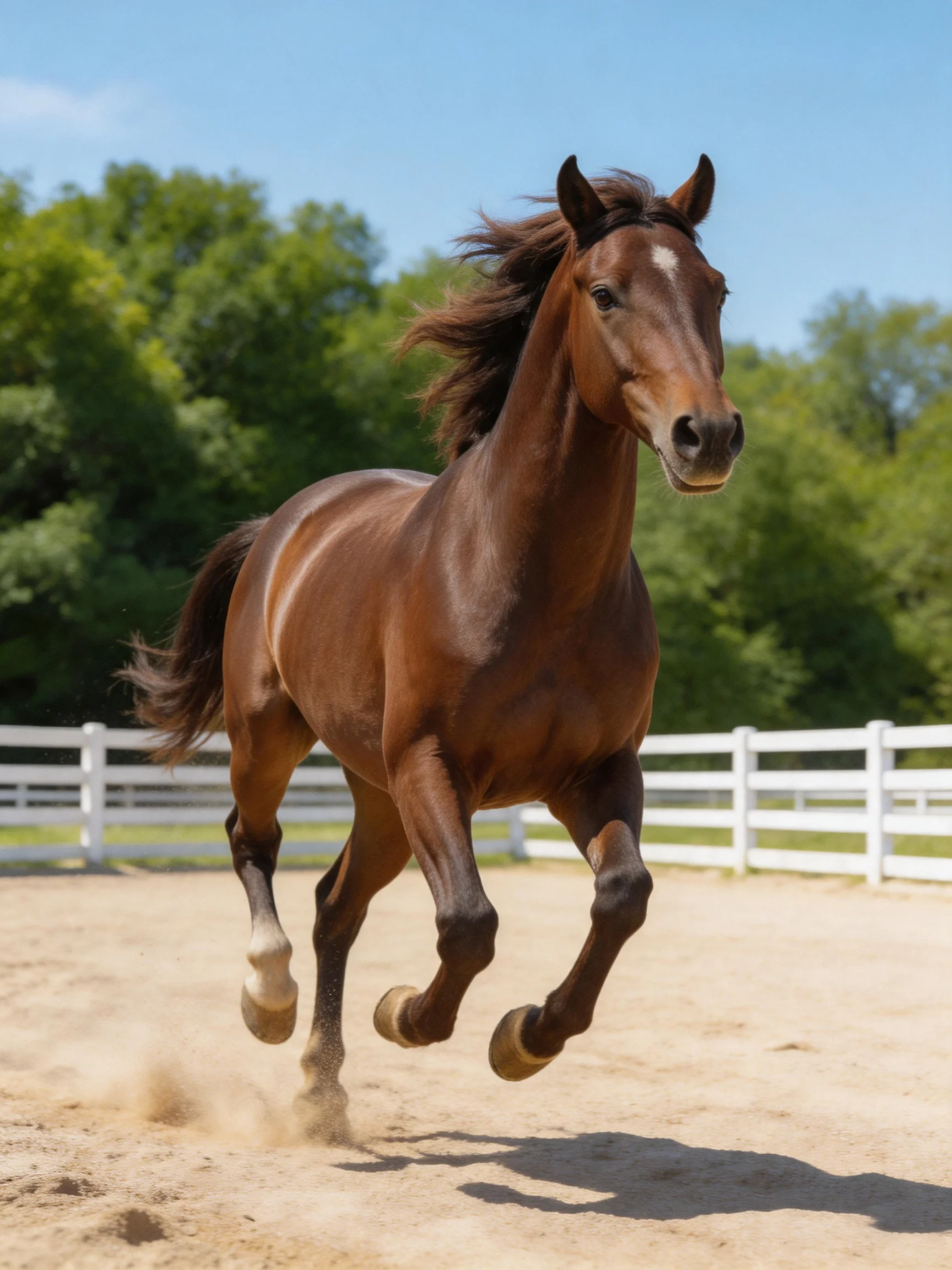 A muscular chestnut horse galloping in a sunny outdoor enclosure