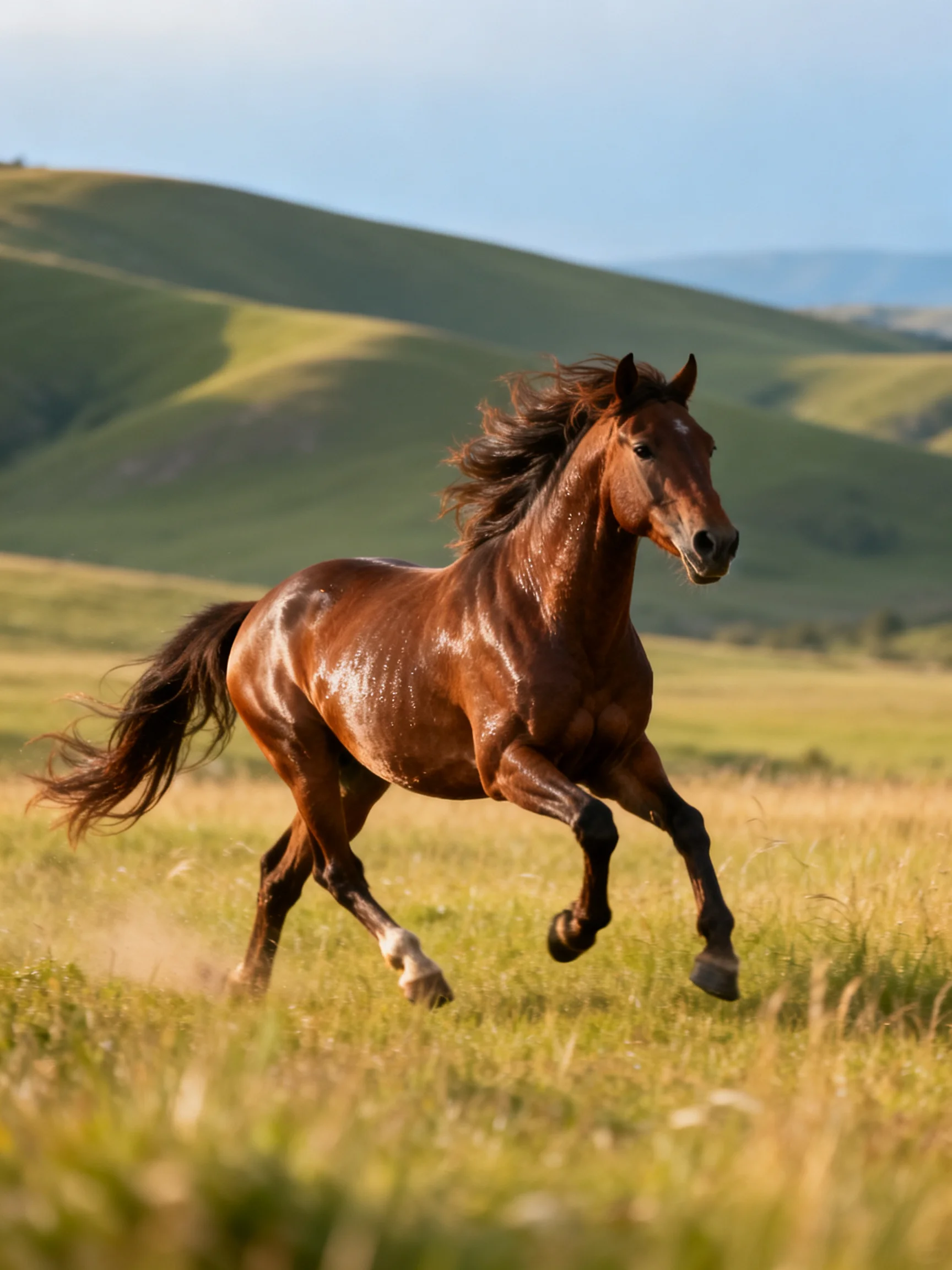 A muscular chestnut horse galloping through an open meadow