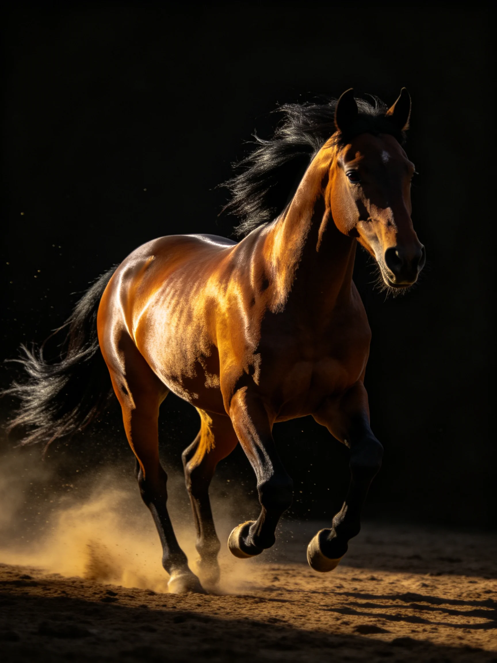 A muscular chestnut horse galloping through dusty terrain under stark contrast.