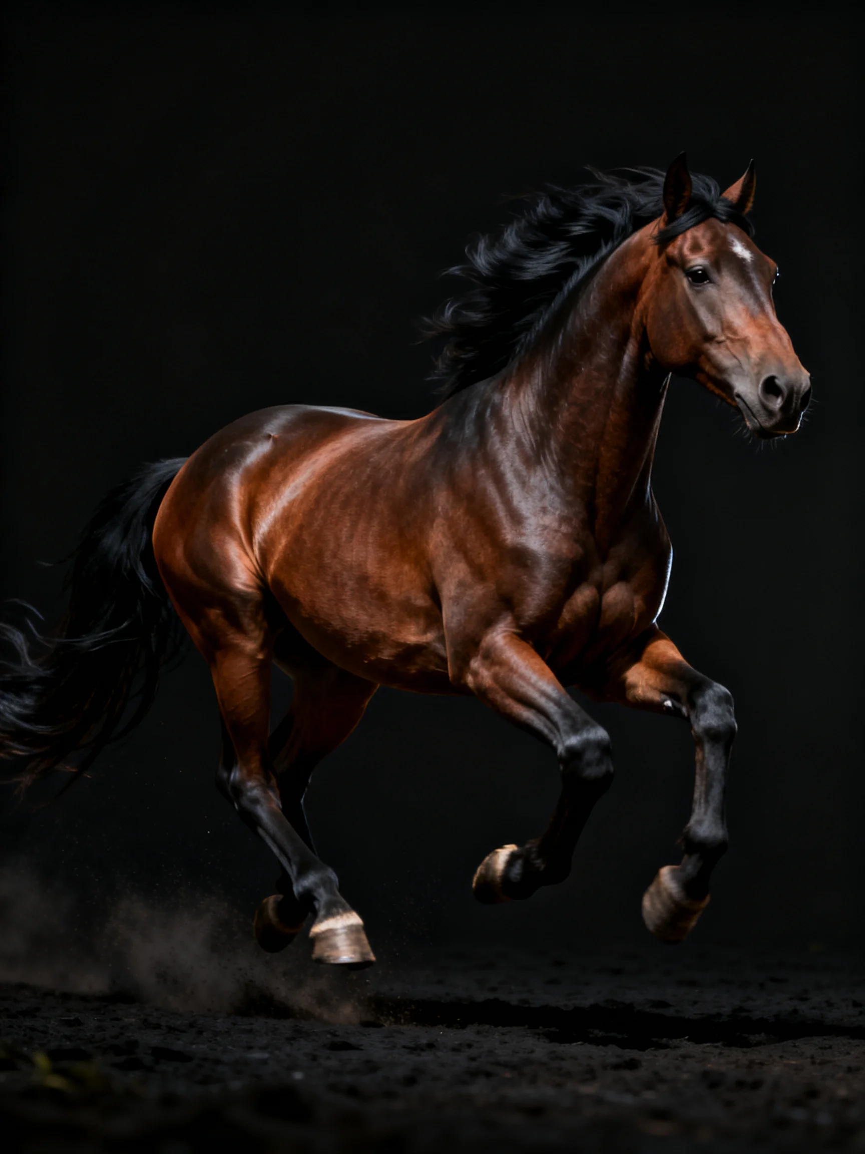 A muscular chestnut horse galloping with a flowing black mane