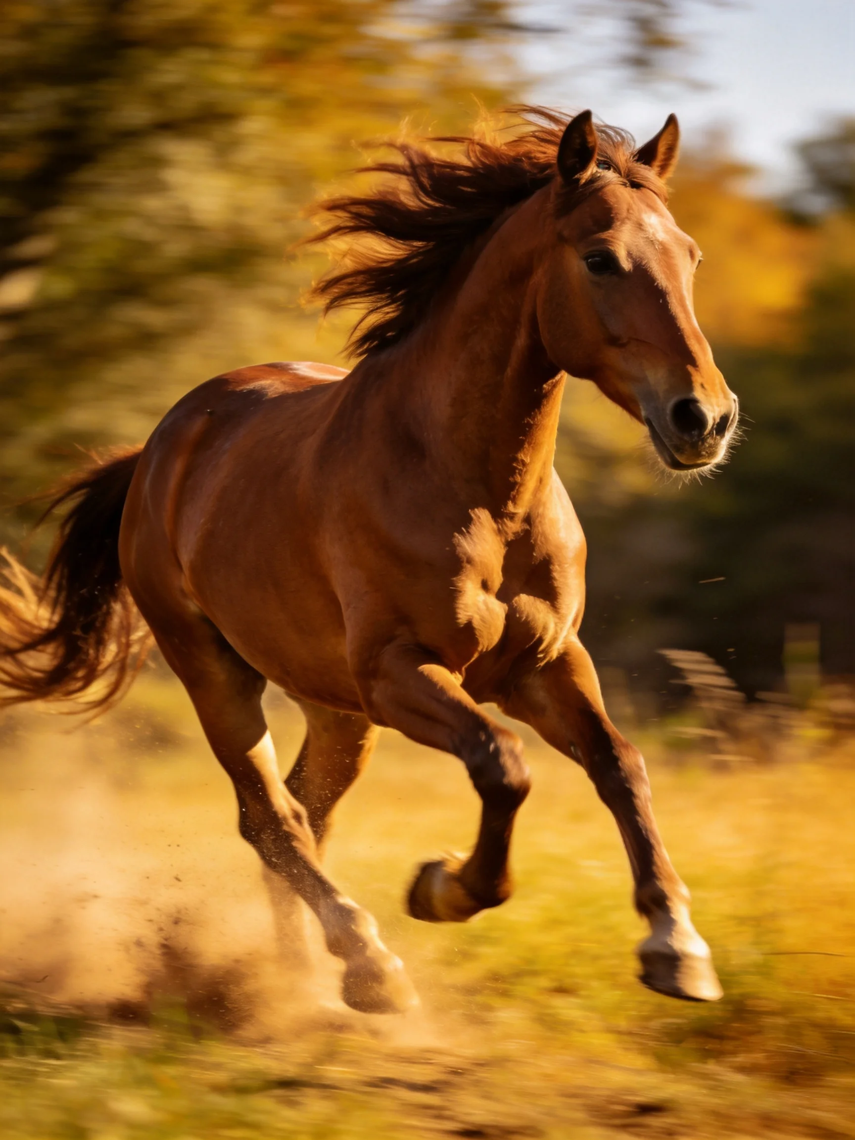 A muscular chestnut horse gallops through golden terrain