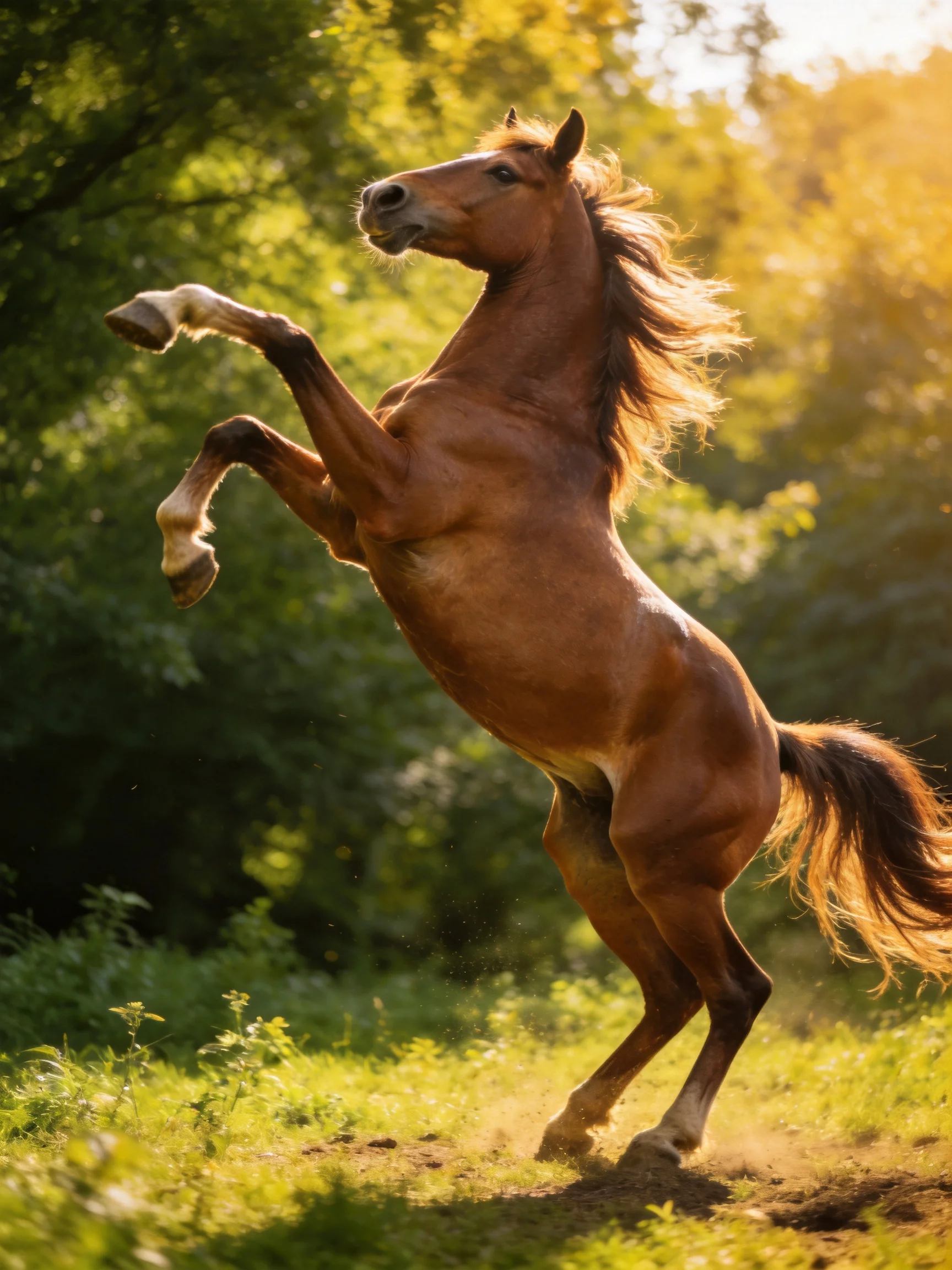 A muscular chestnut horse rears in a sunlit forest clearing