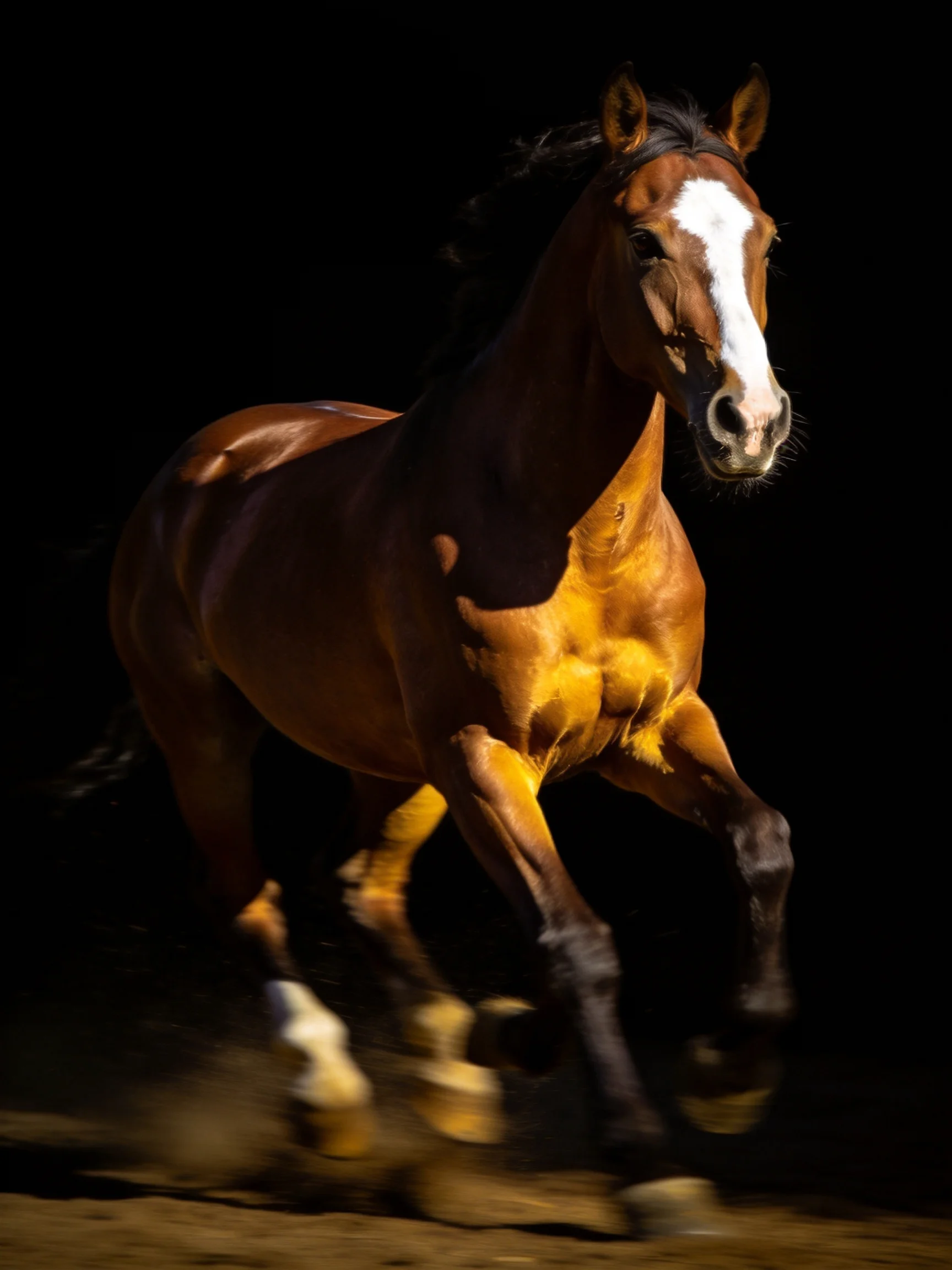 A muscular chestnut horse with a white blaze galloping
