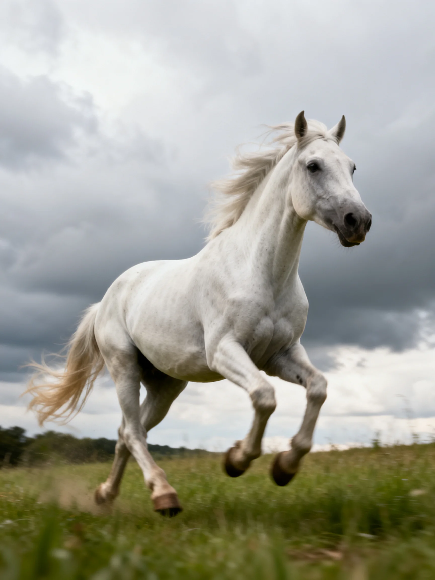 A muscular white horse galloping through a grassy field under stormy skies