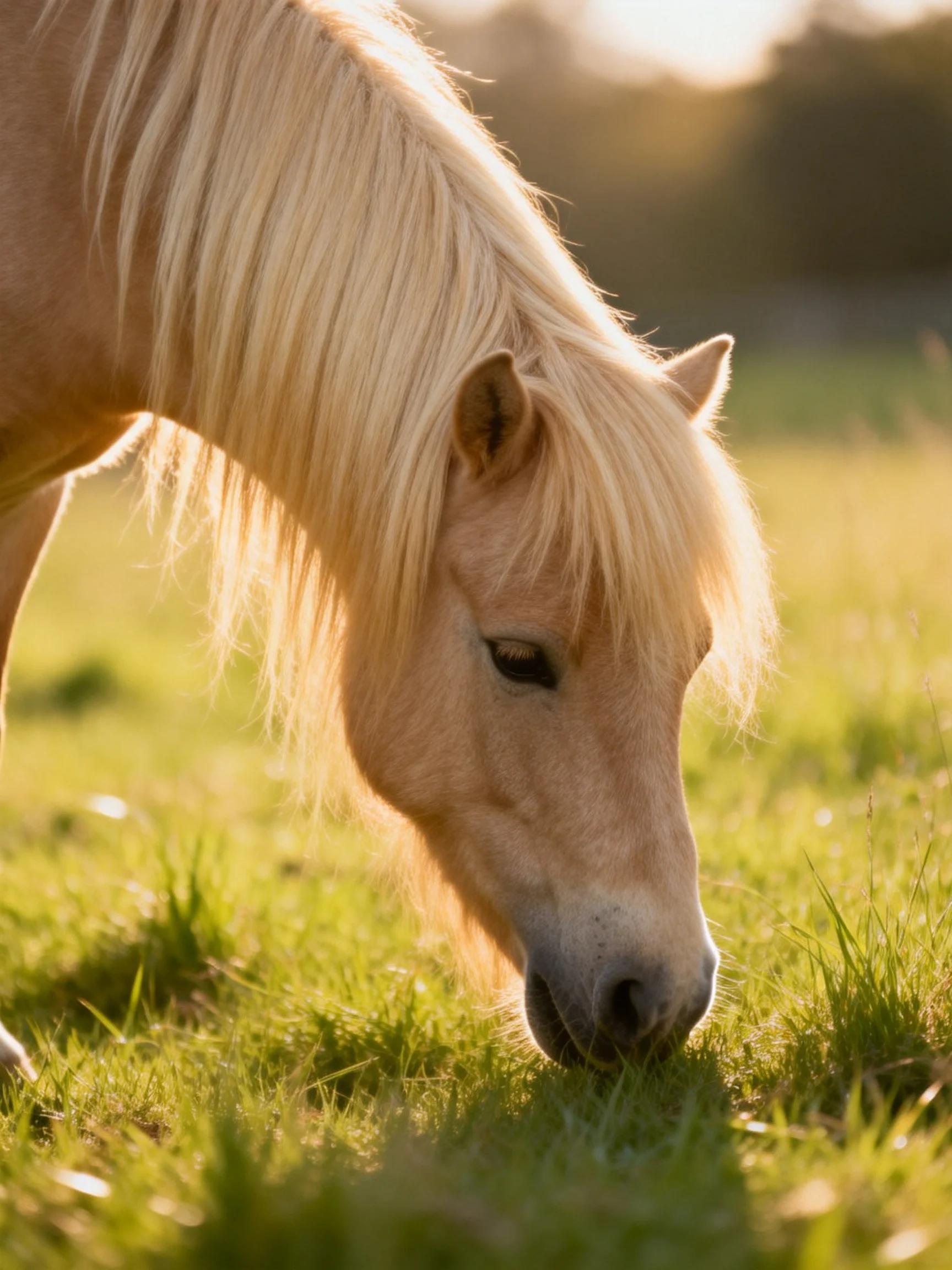 A pale-coated pony grazes in a sun-drenched green meadow