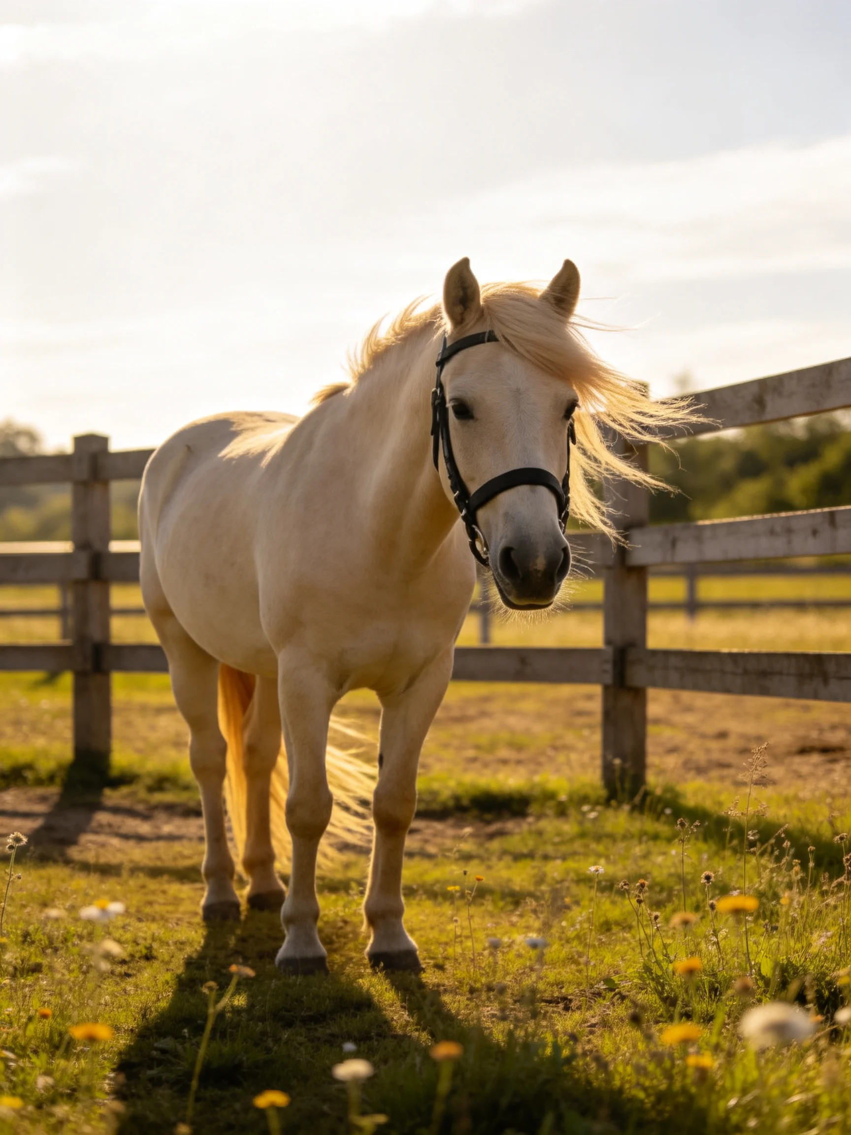 A pale cream horse near a wooden fence in a sunlit pasture