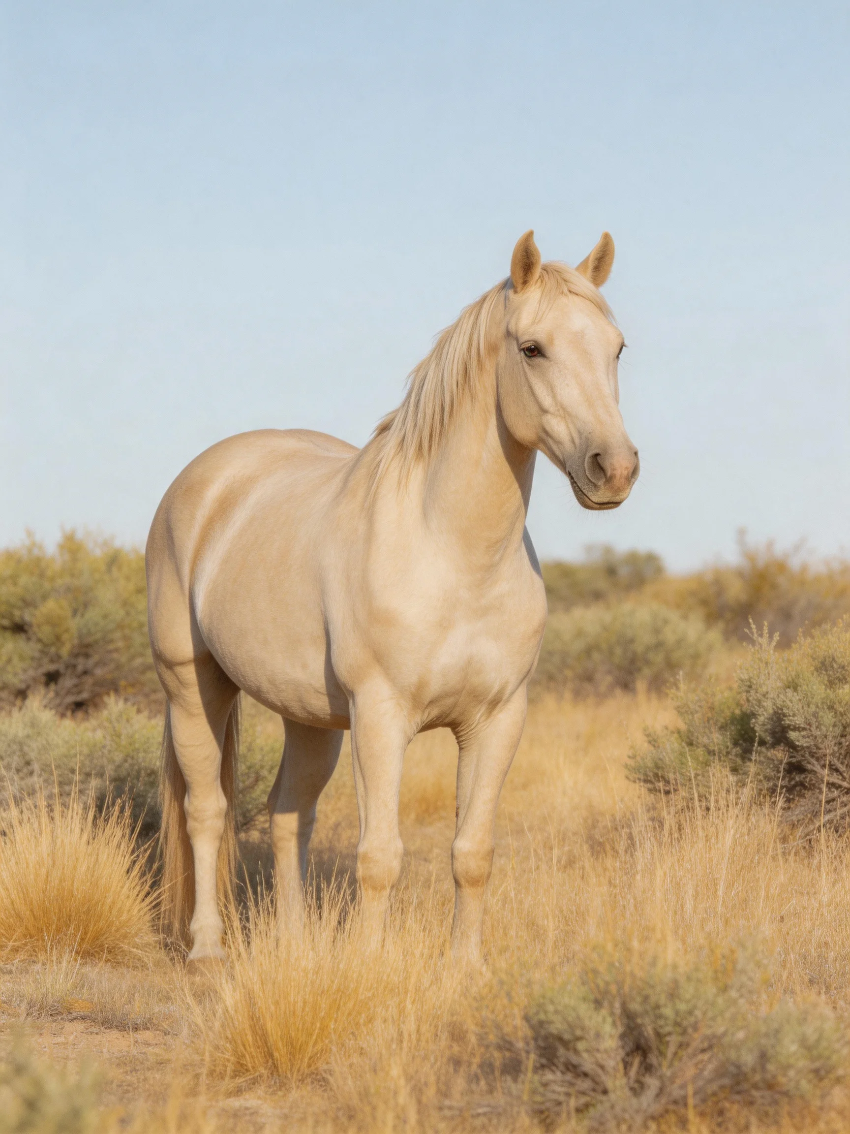 A pale cream horse stands amid golden grasses and shrubs
