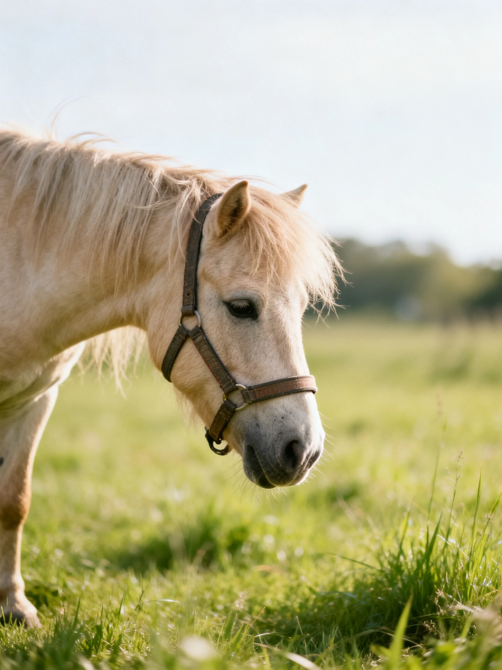 A pale cream pony stands in a sunlit green meadow