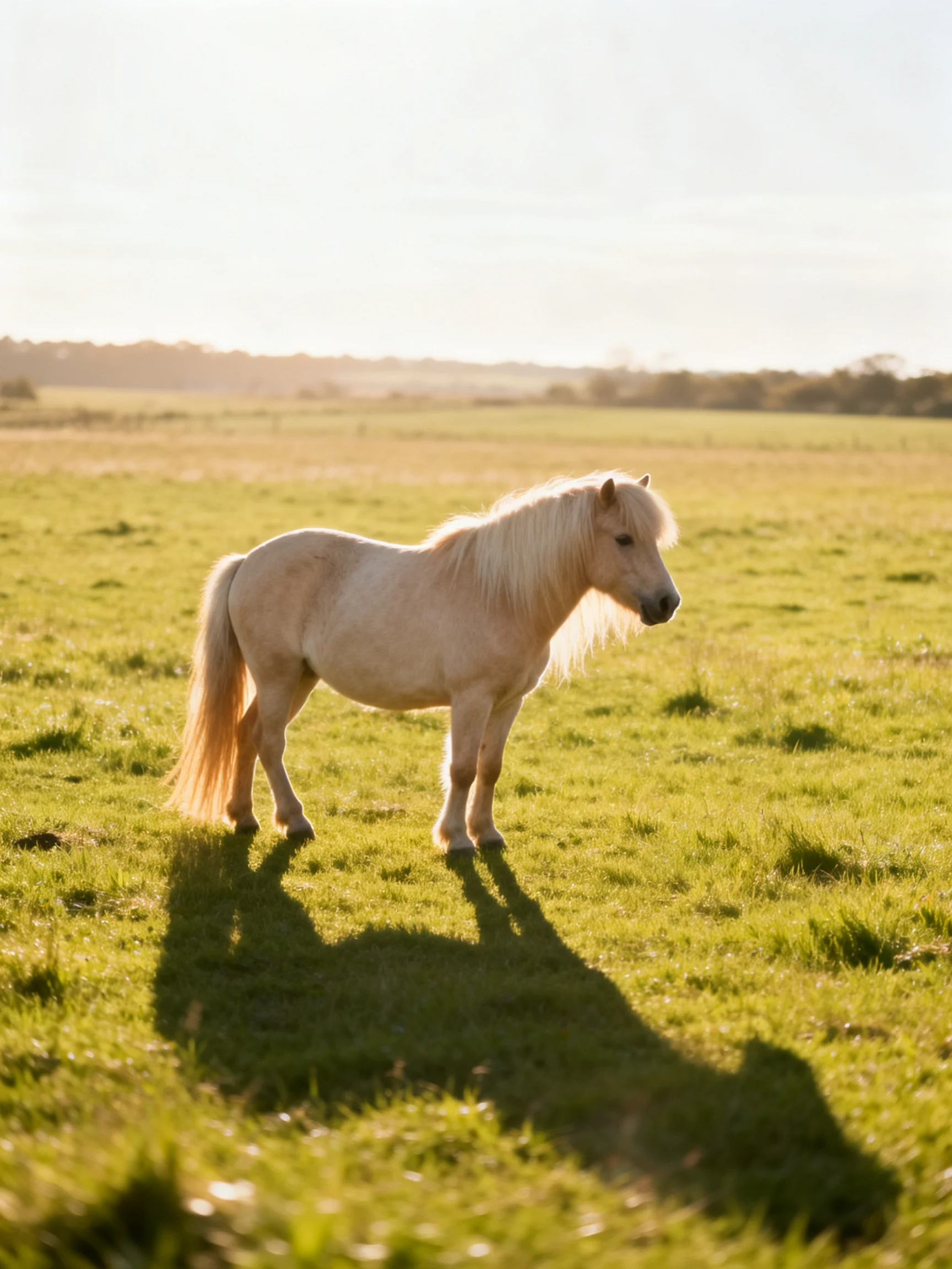 A pale cream pony stands in a sunlit green meadow