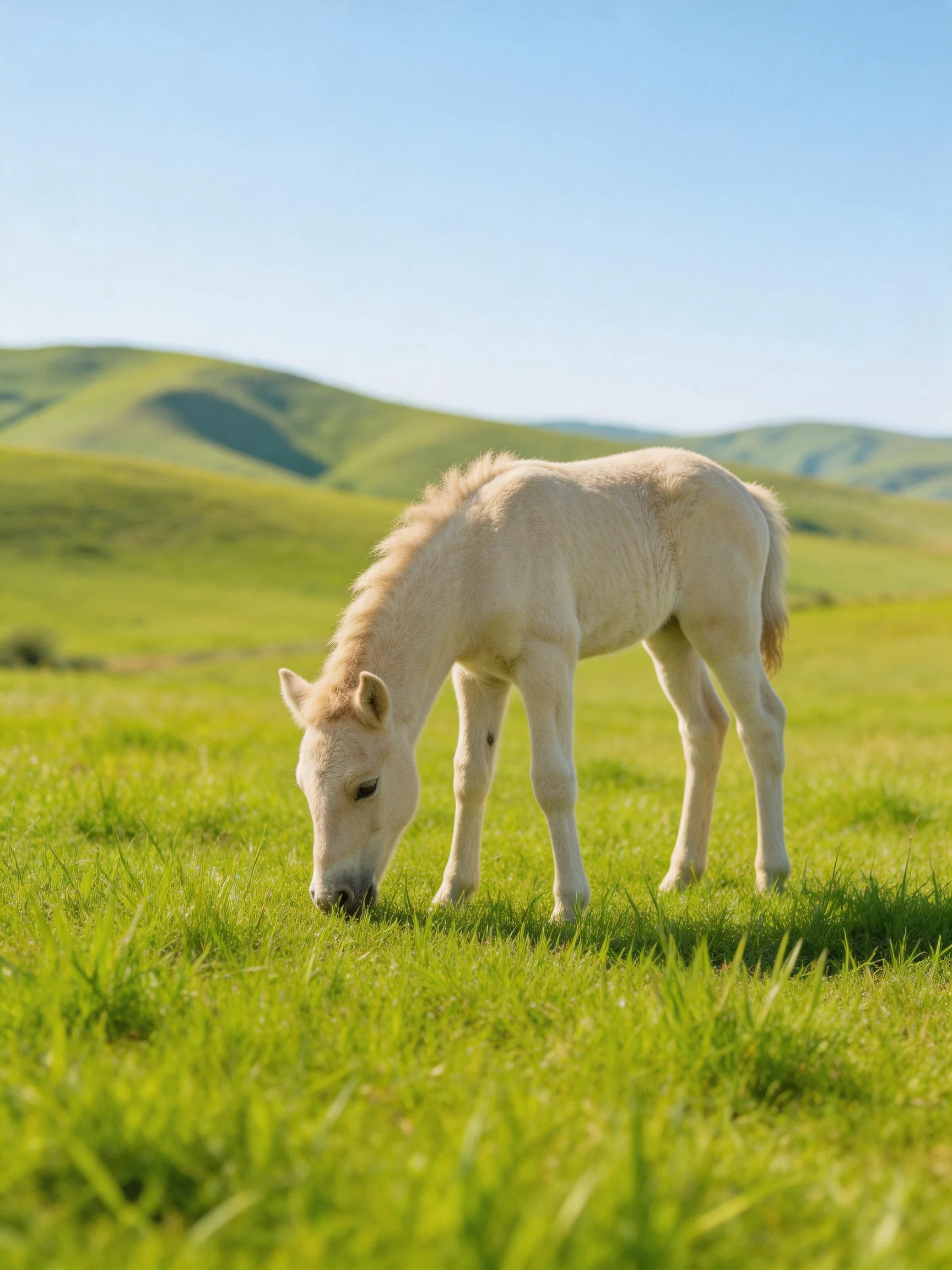A young horse feeds on grass in a serene green landscape with rolling hills