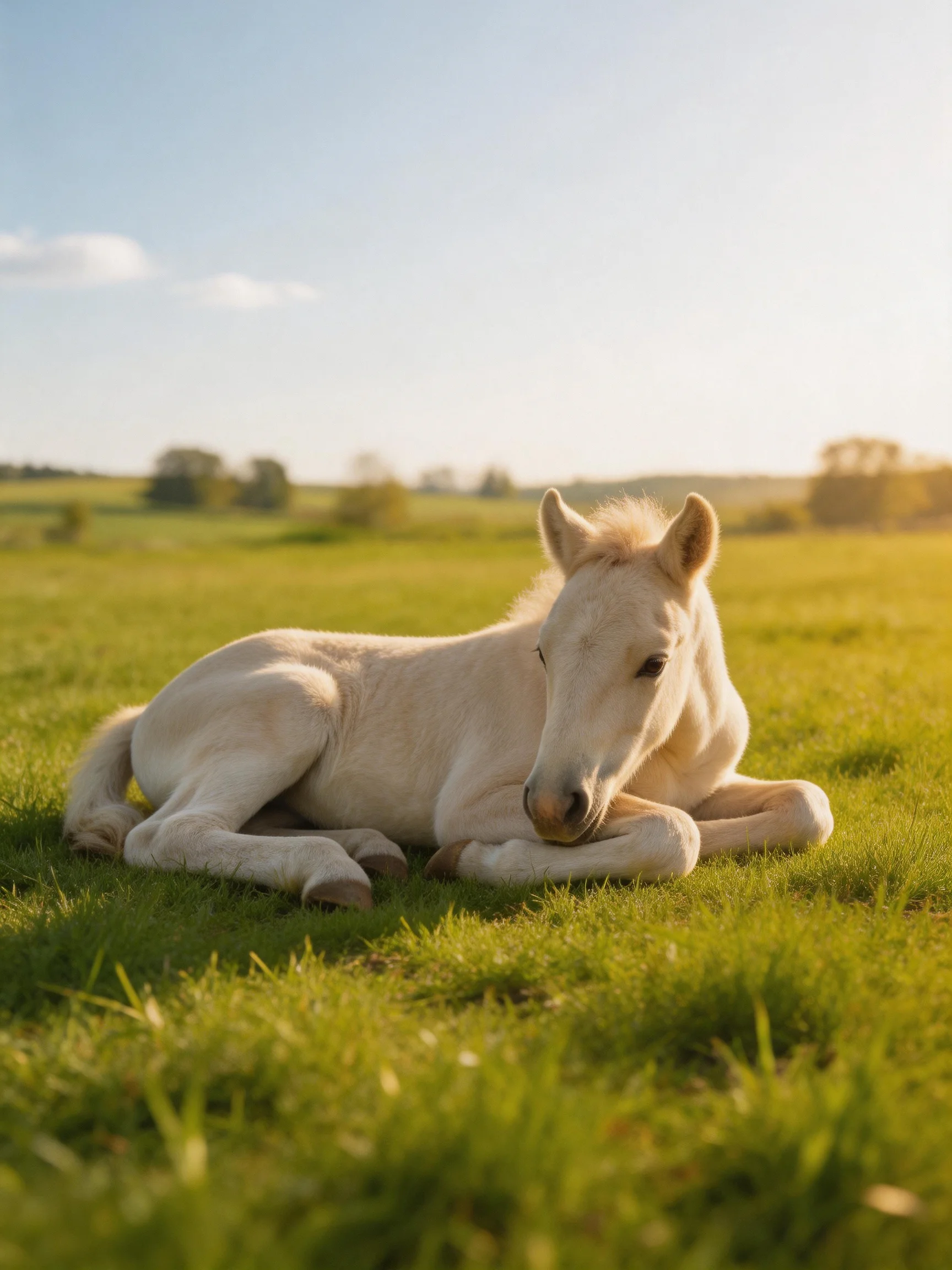 A pale foal rests on lush green grass under bright sunlight