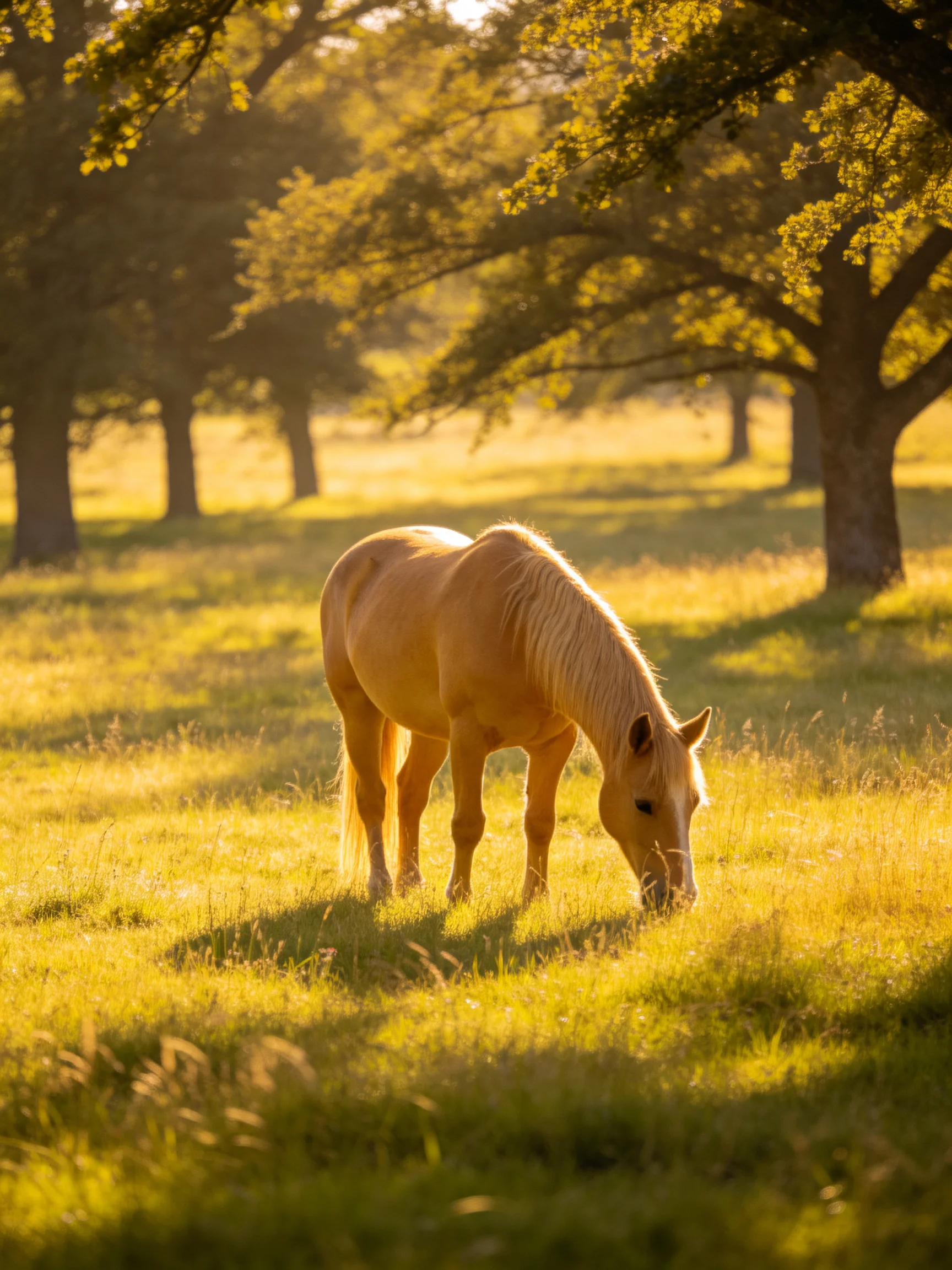 A pale golden horse grazes in a sun-kissed meadow with tall trees
