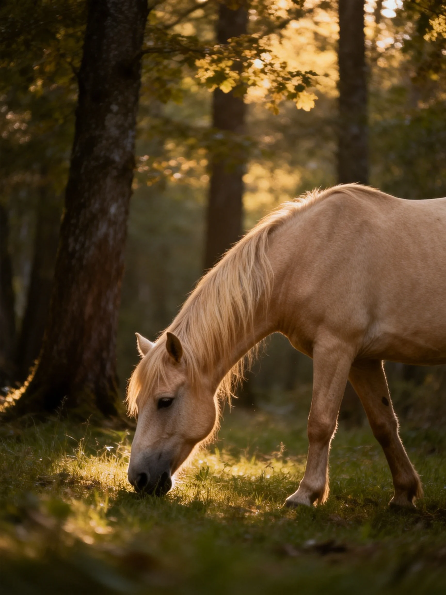 A pale horse grazes in a sun-dappled forest clearing