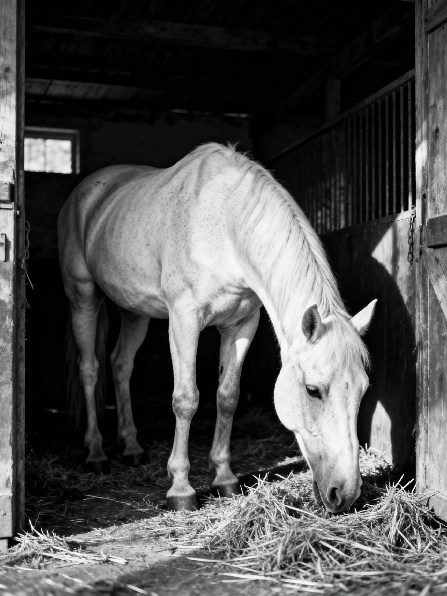 A pale horse grazing on hay inside a dim stable
