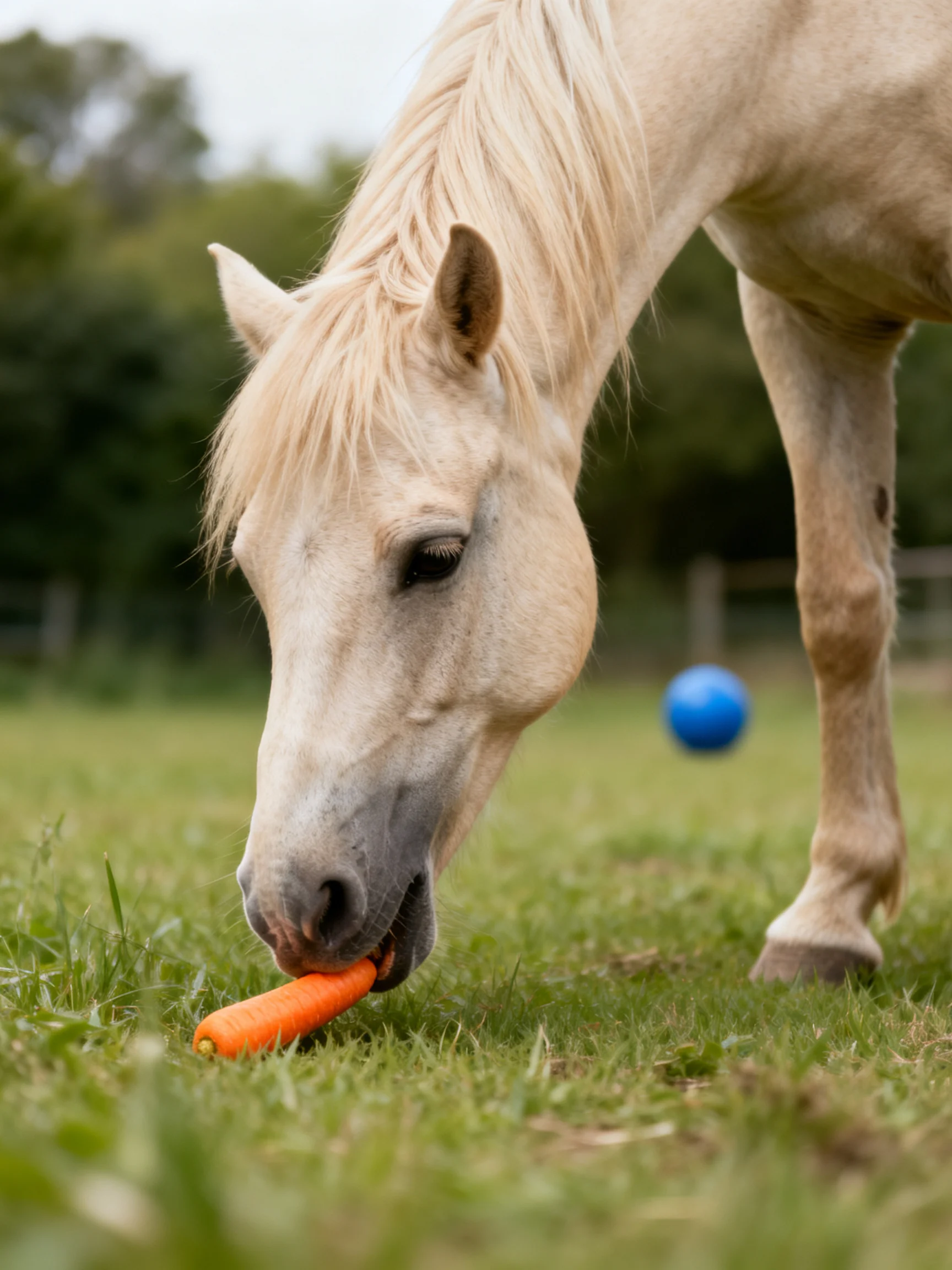 A pale horse nibbles an orange carrot in a grassy field with a blue ball nearby