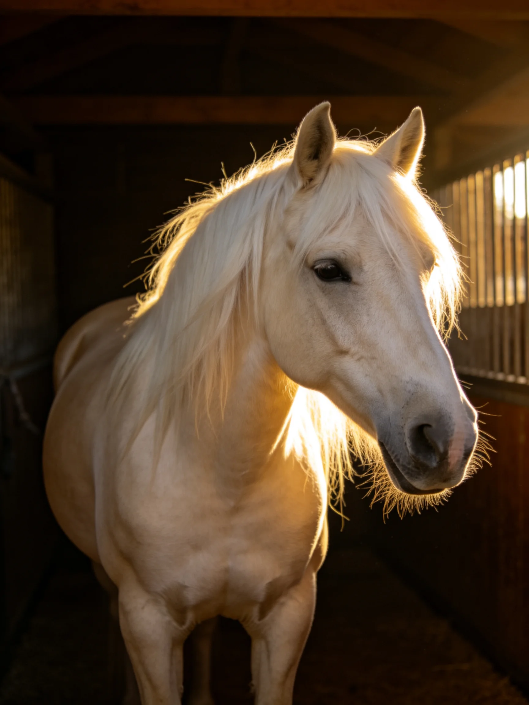 A pale white horse stands in a wooden stable with golden light highlighting its features.