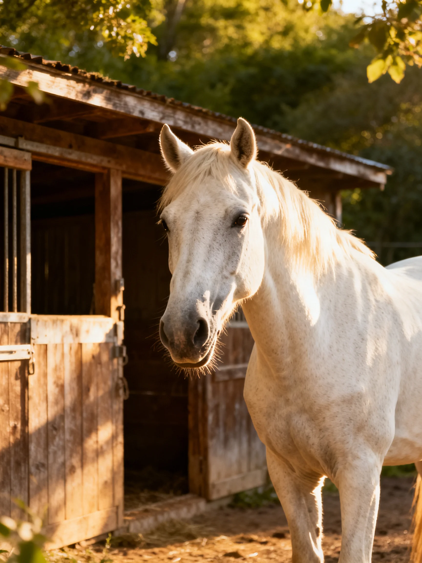 A white horse is near an aged wooden stable in a sunlit environment.