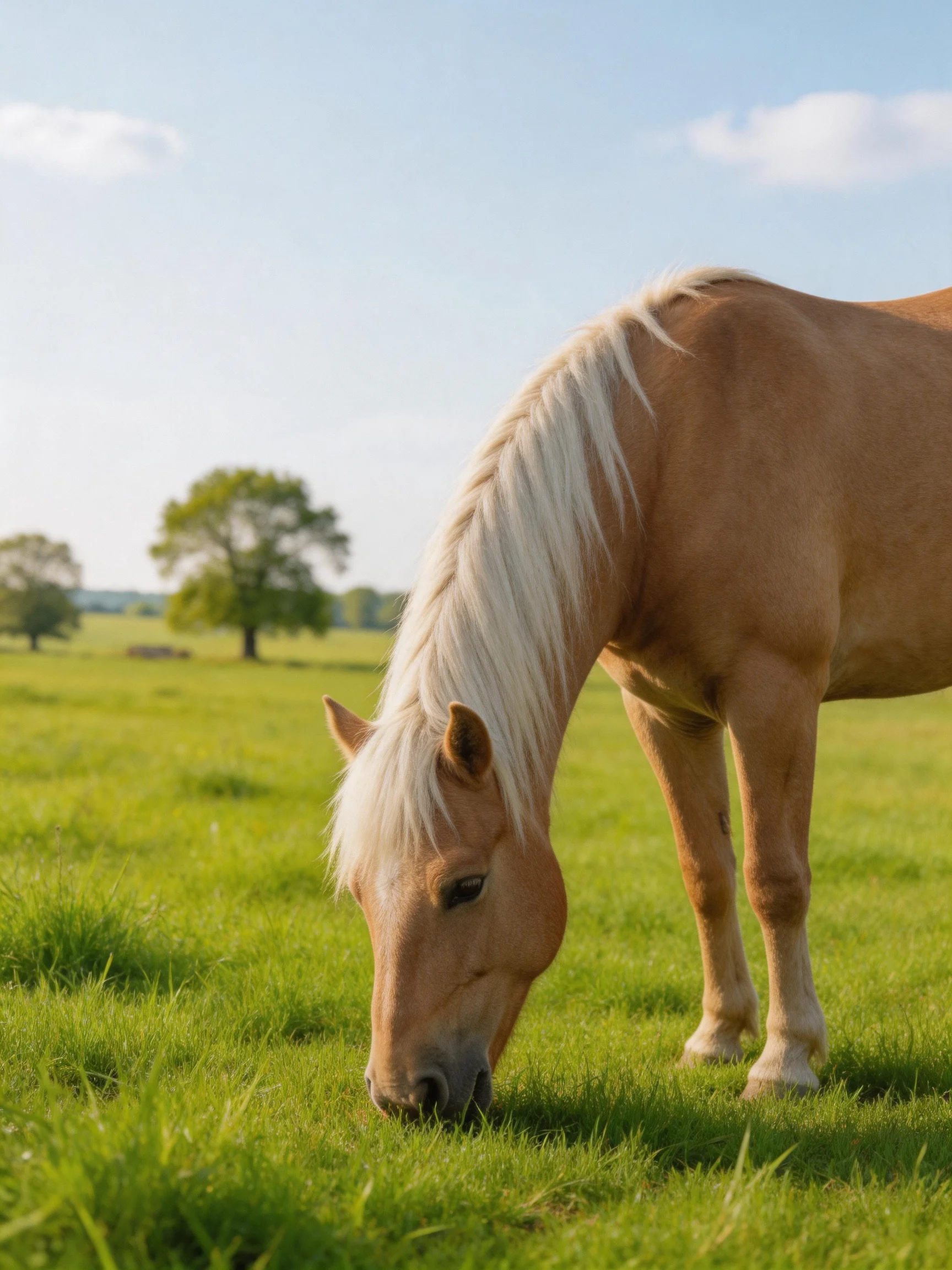 A palomino horse grazes in a lush green meadow with distant trees