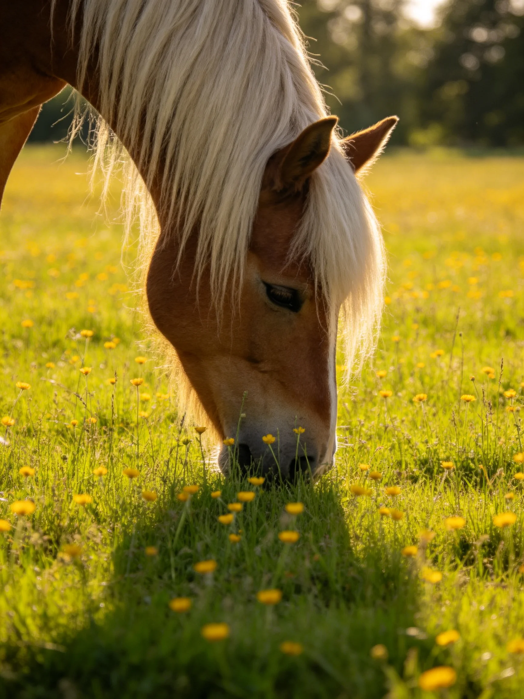 A palomino horse grazes among yellow wildflowers in a sunlit meadow.