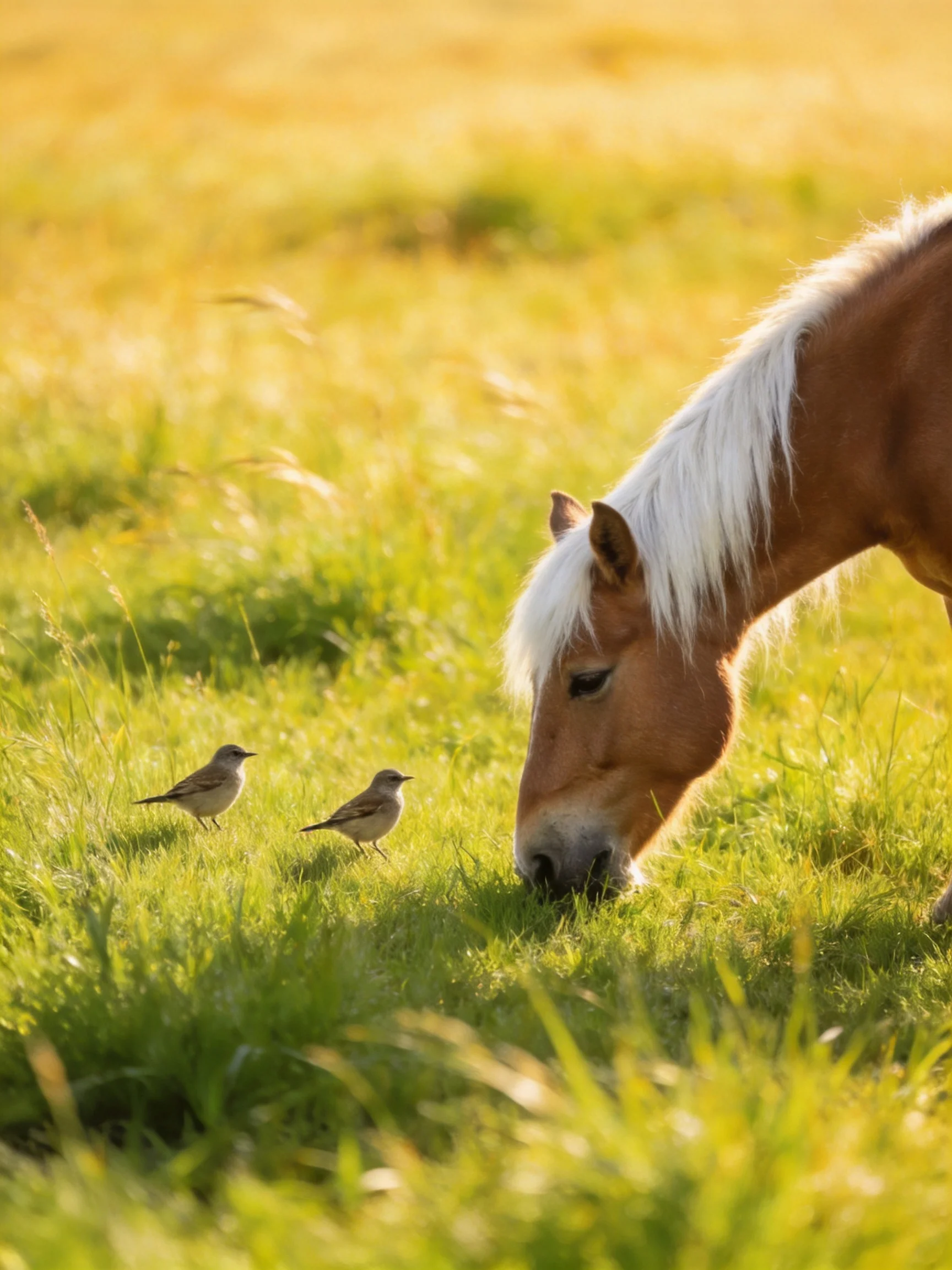 A palomino horse grazes near two small birds in golden meadow