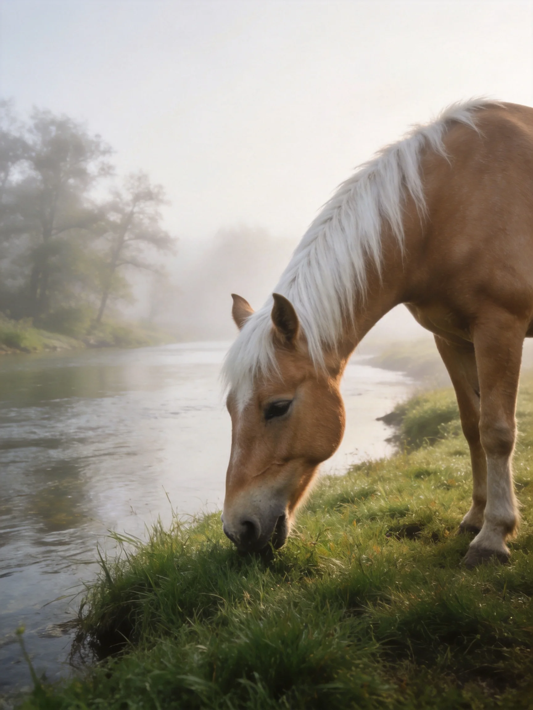 A palomino horse grazing by a misty riverbank
