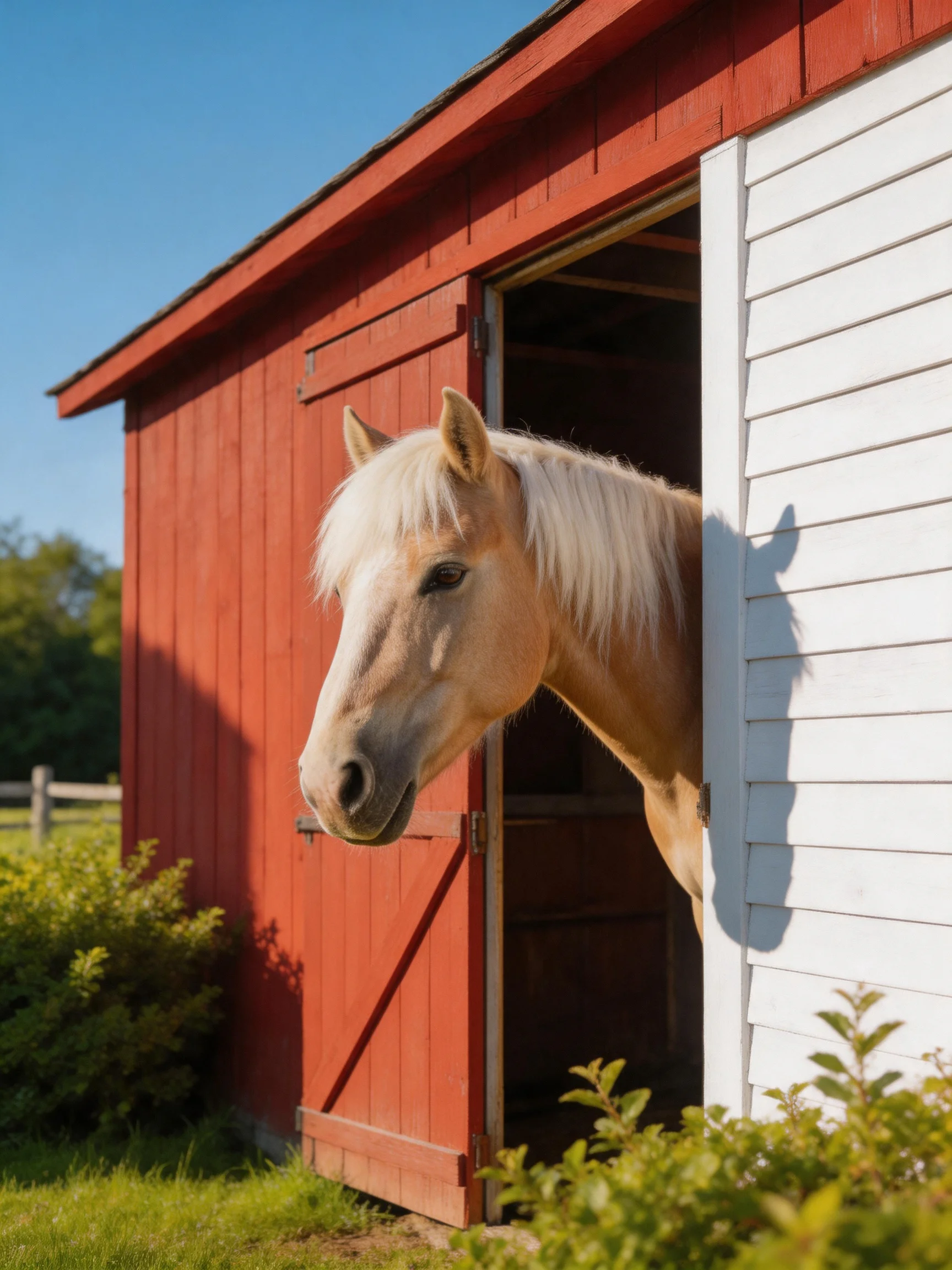 A palomino horse peeks from a red wooden shed with a white sliding door