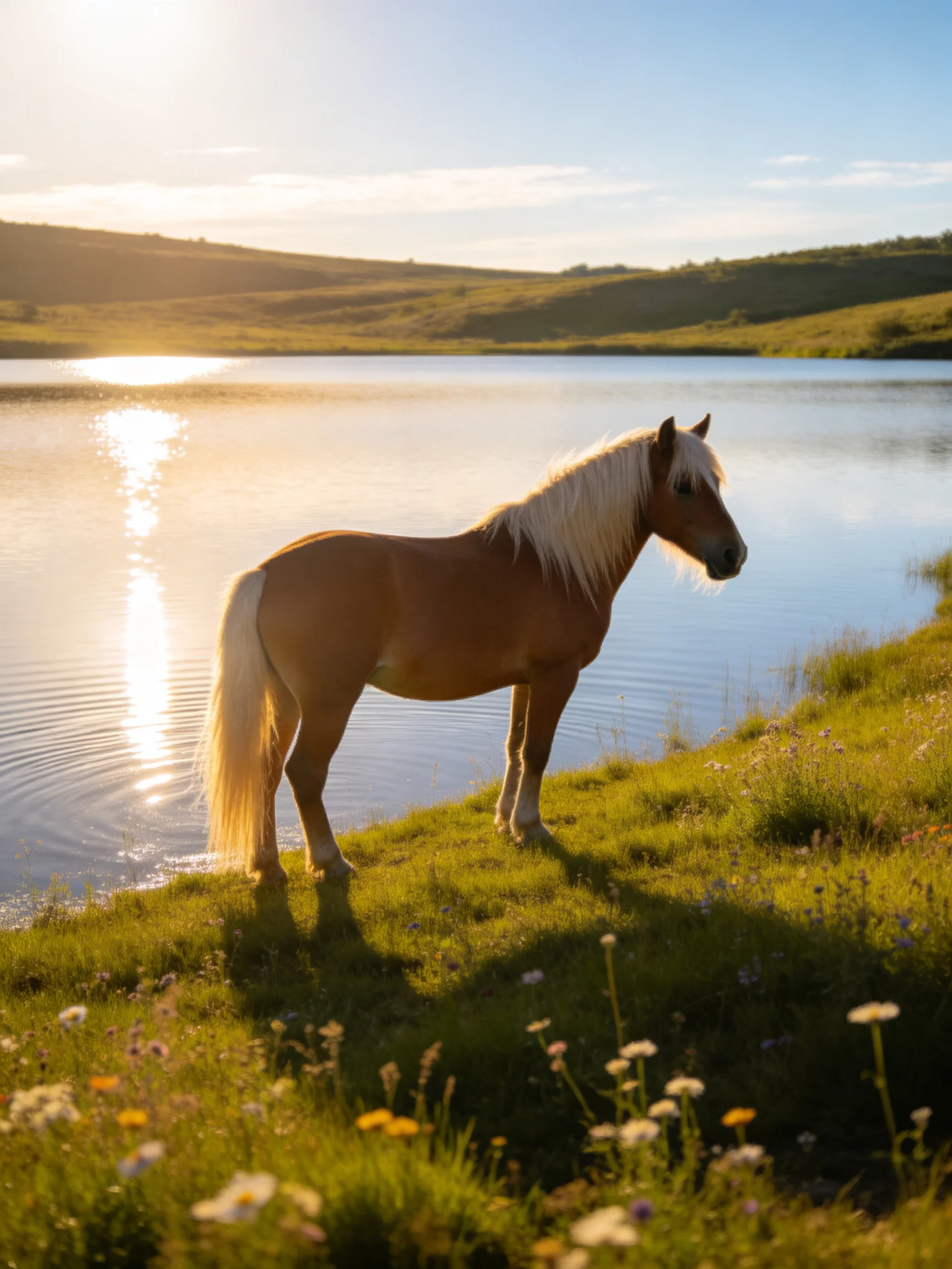 A palomino horse stands by a calm lake at golden hour