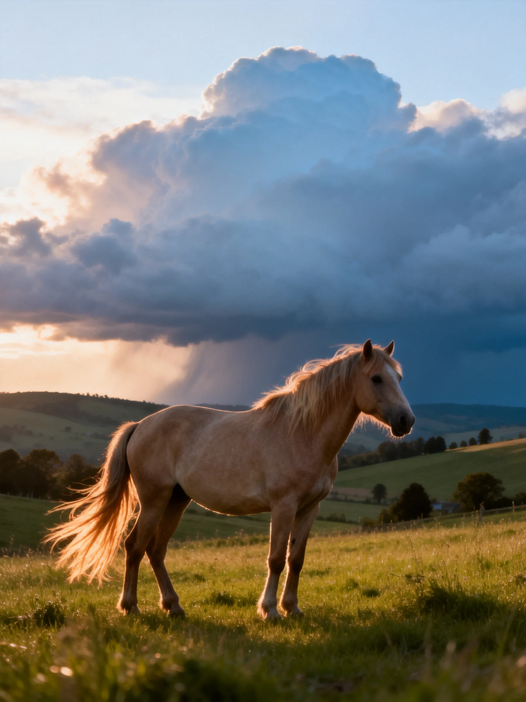 A palomino horse stands in a golden meadow beneath stormy clouds