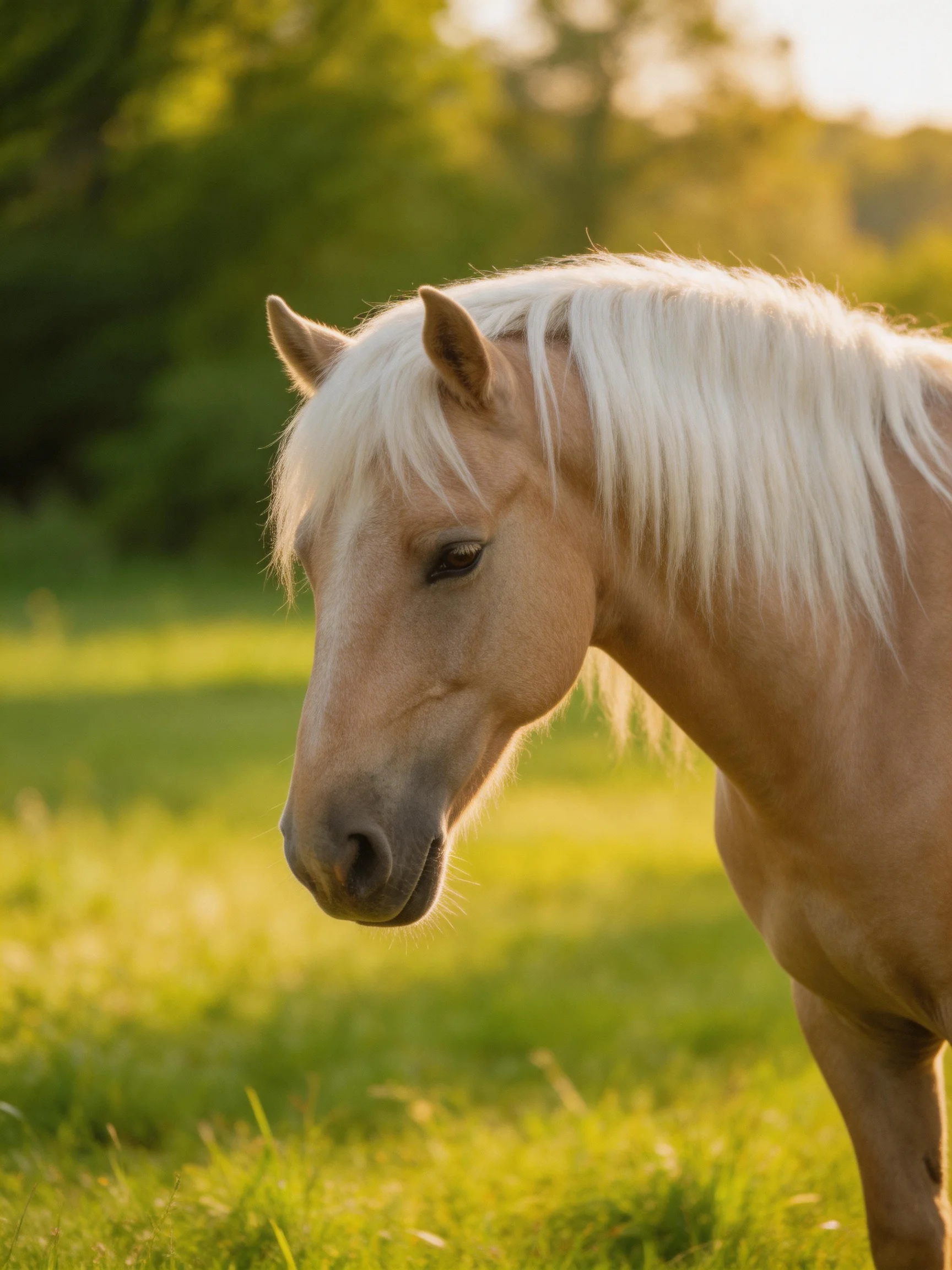 A palomino horse with flowing white mane in a sun-drenched green pasture