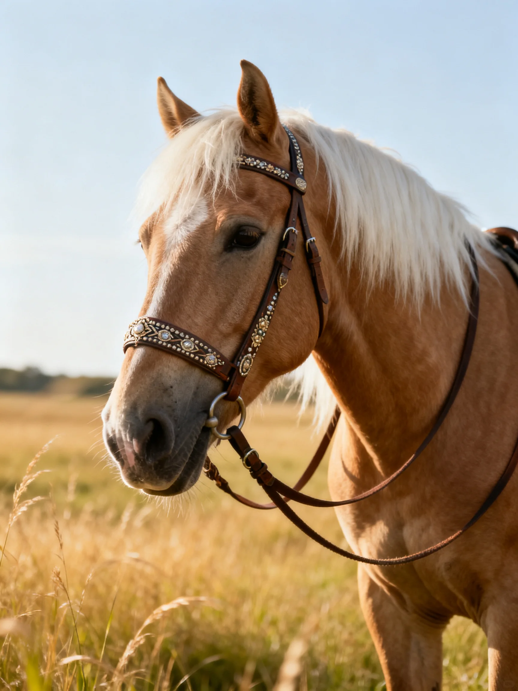 A palomino horse with ornate bridle in sunlit grassland