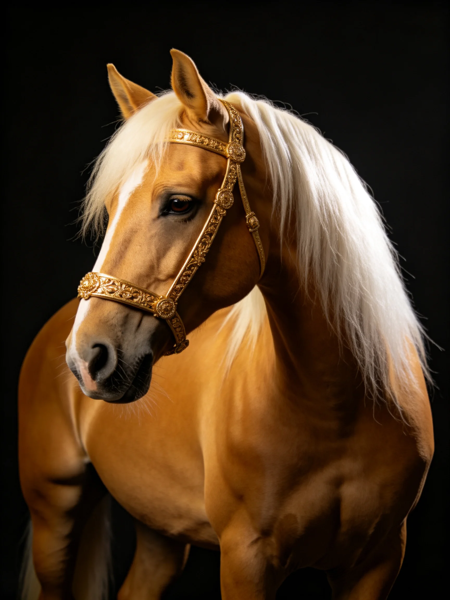 A palomino horse with ornate golden bridle and long white mane